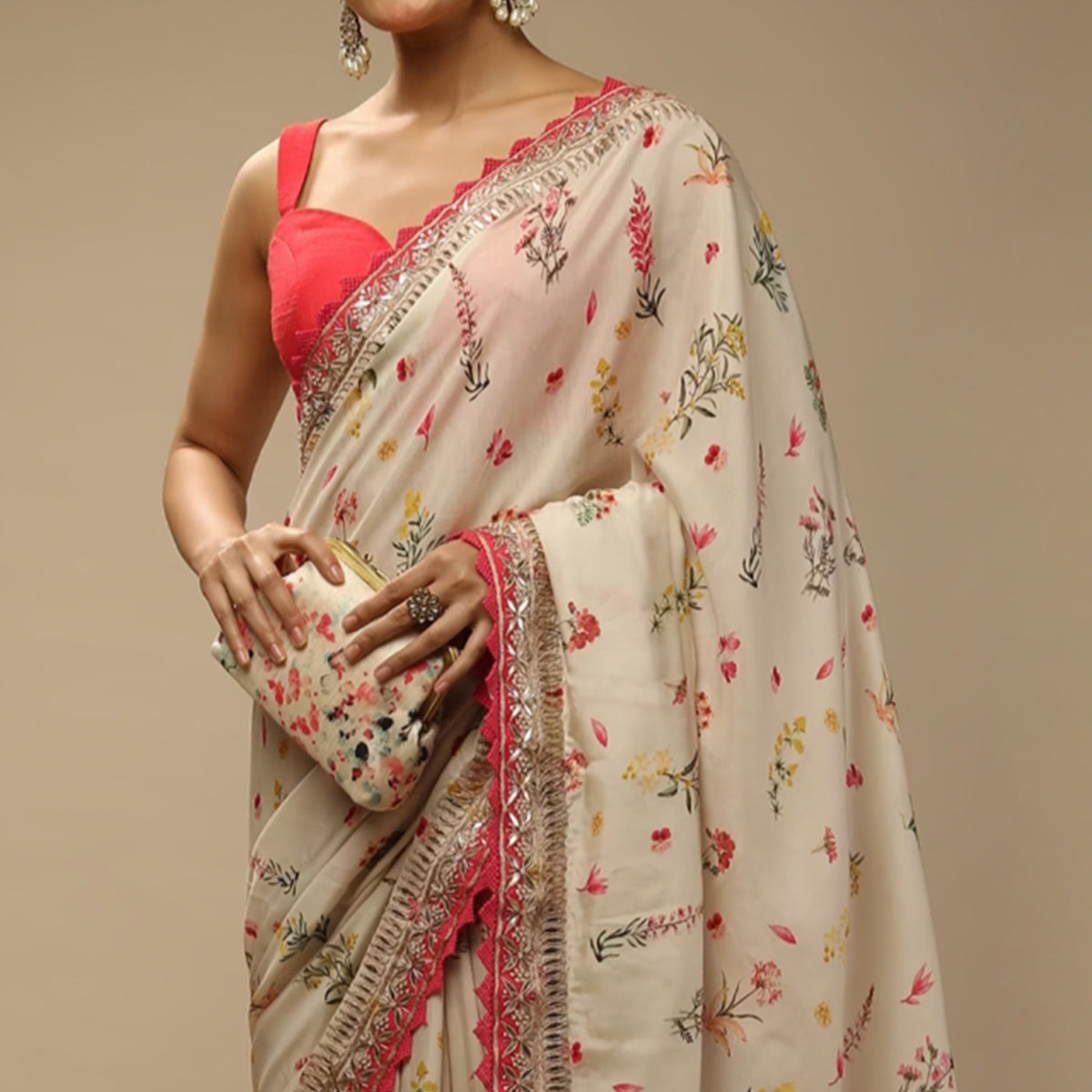 Off White Floral Printed Chinon Saree