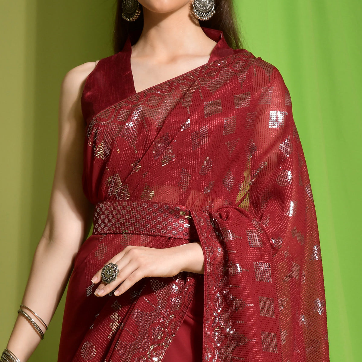 Red Sequins Embroidered Georgette Saree