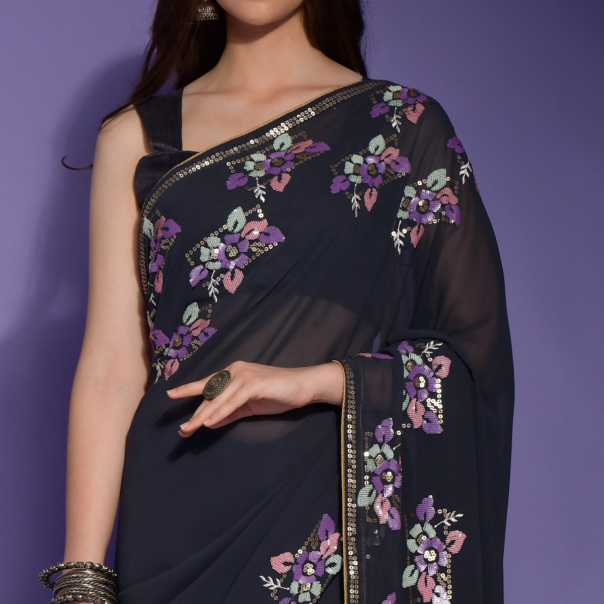 Dark Grey Floral Sequins Embroidered Georgette Saree