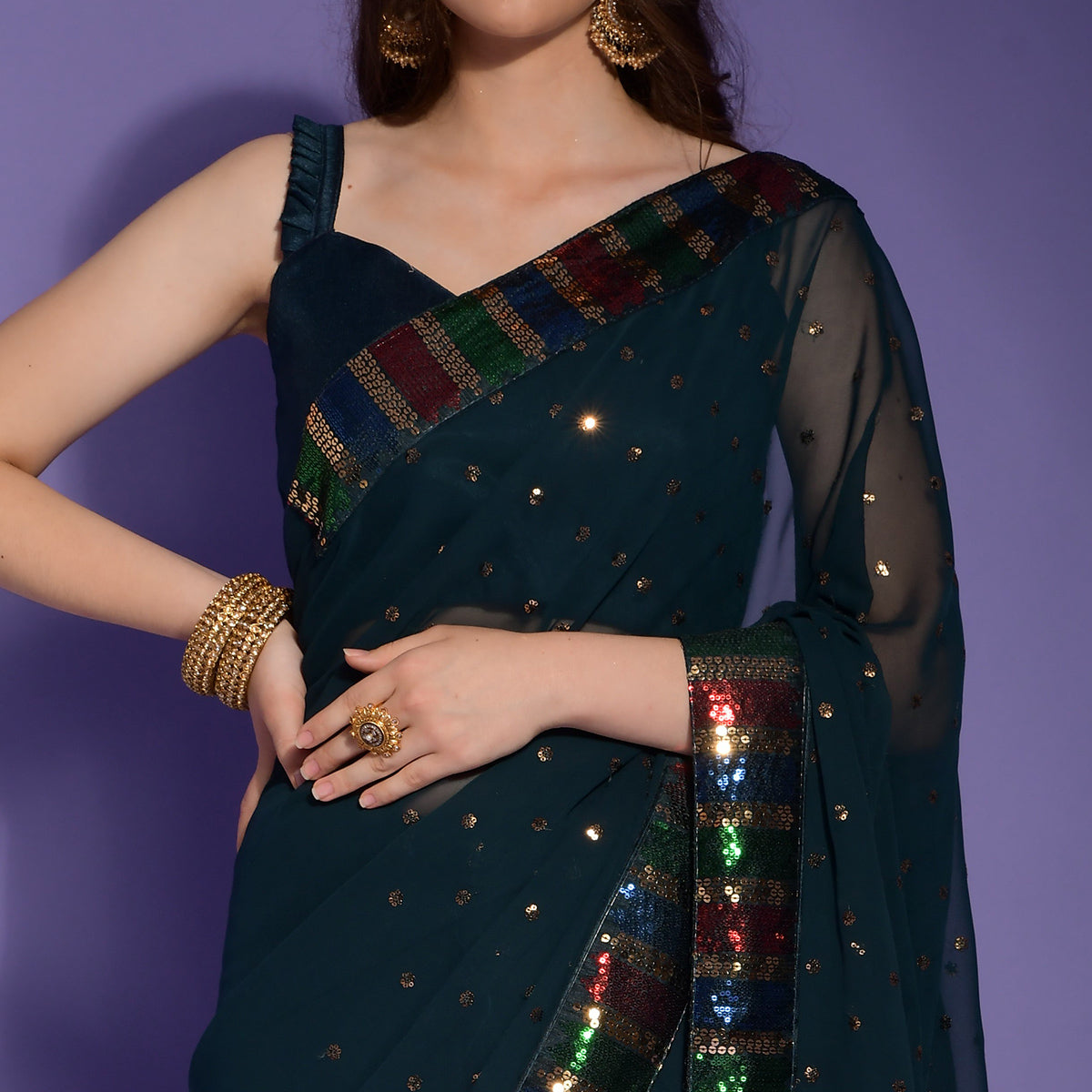 Blue Sequins Embroidered Georgette Saree