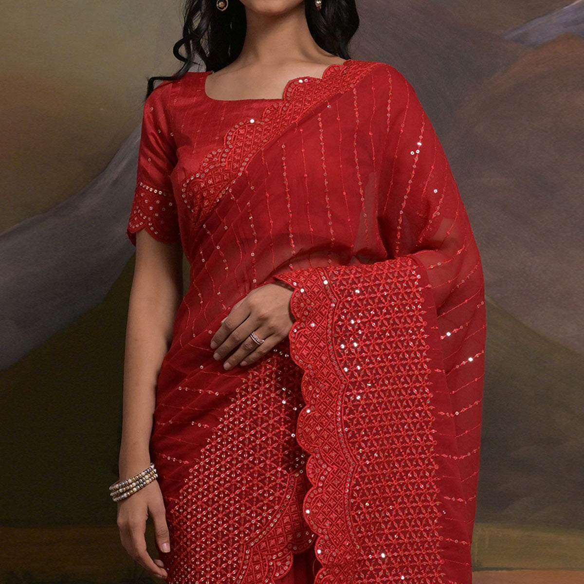 Red Sequins Embroidered Georgette Saree
