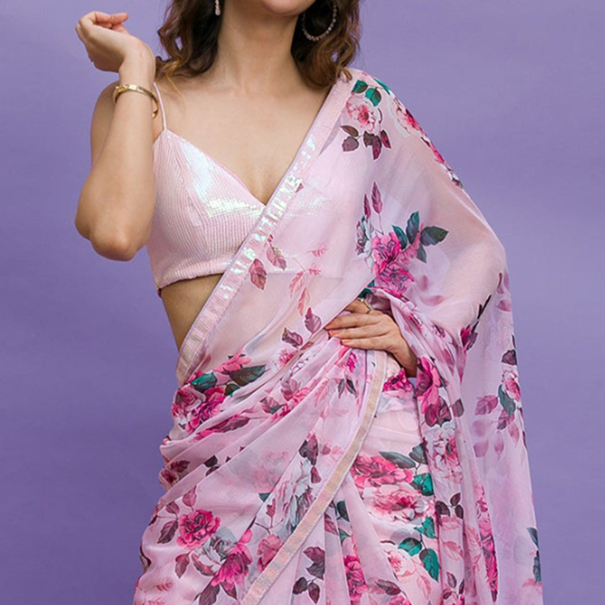 Pink Floral Printed Chinon Saree With Embroidered Border