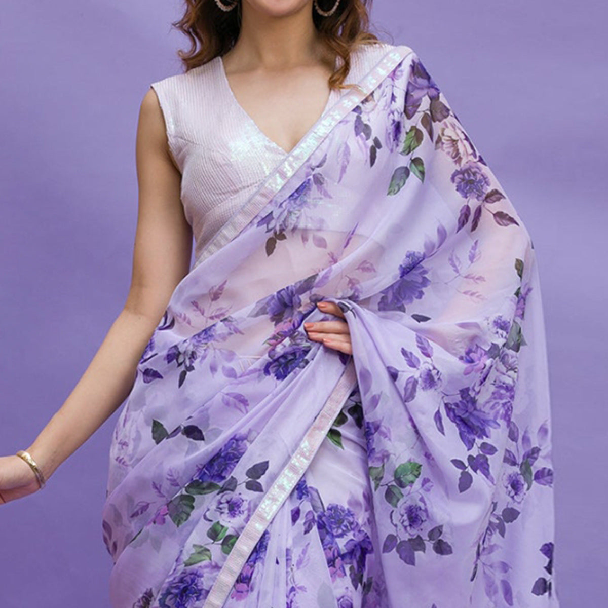 Purple Floral Printed Chinon Saree With Embroidered Border