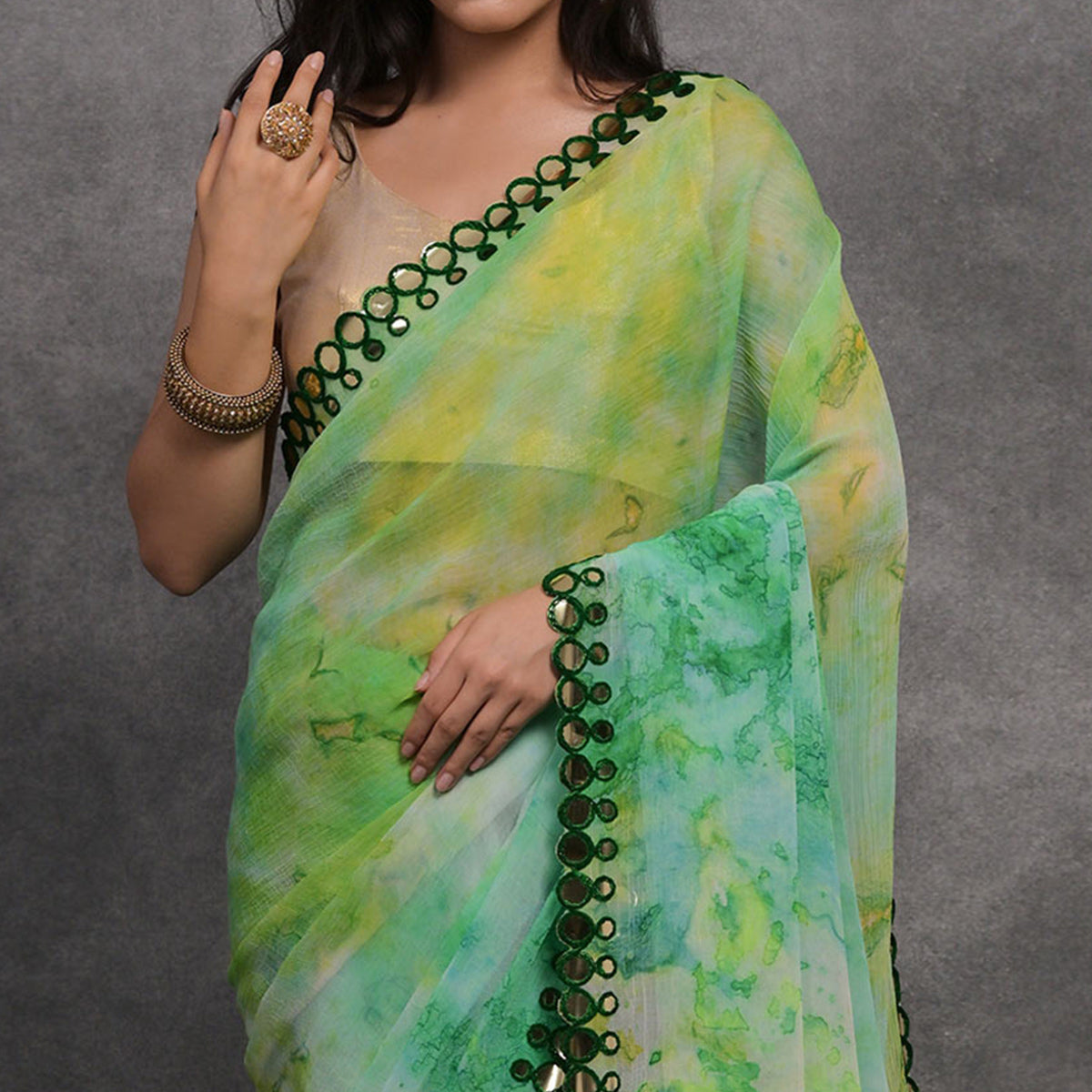 Multicolor Printed With Mirror Work Georgette Saree