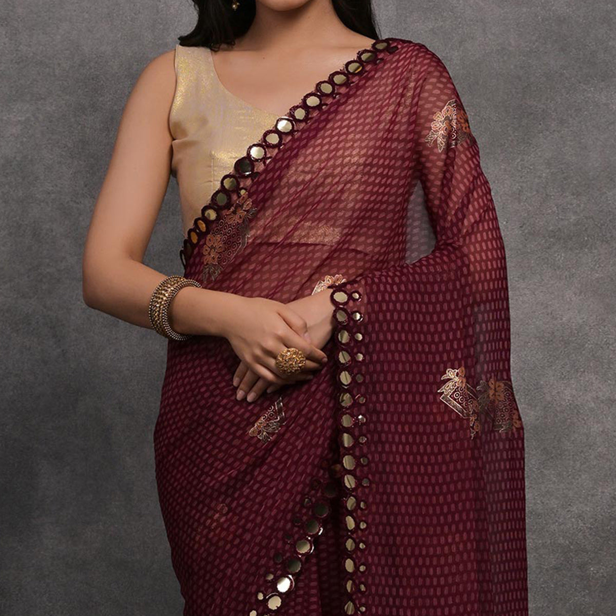 Wine Foil Printed With Mirror Work Georgette Saree