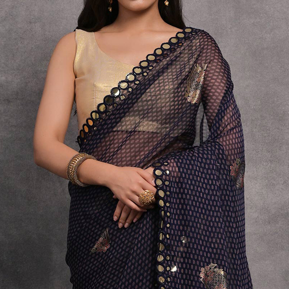 Blue Foil Printed With Mirror Work Georgette Saree