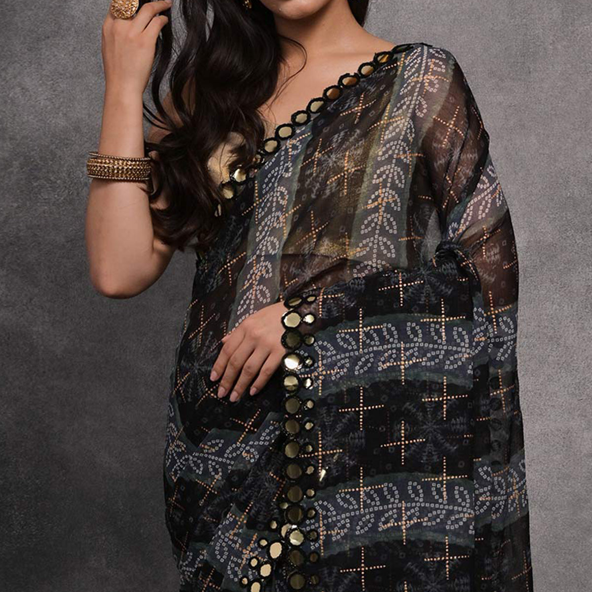 Black Foil Printed With Mirror Work Georgette Saree