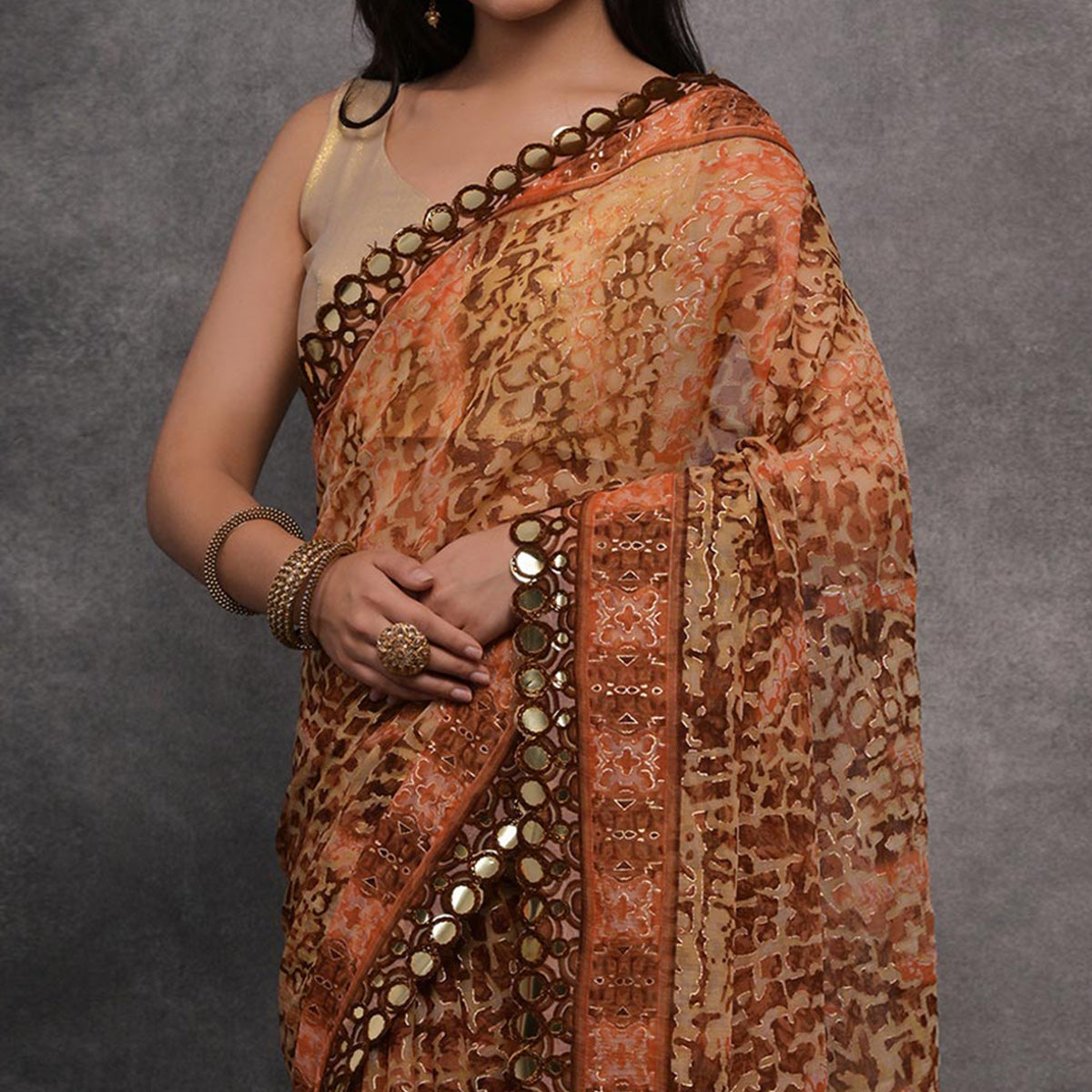 Peach Foil Printed With Mirror Work Georgette Saree