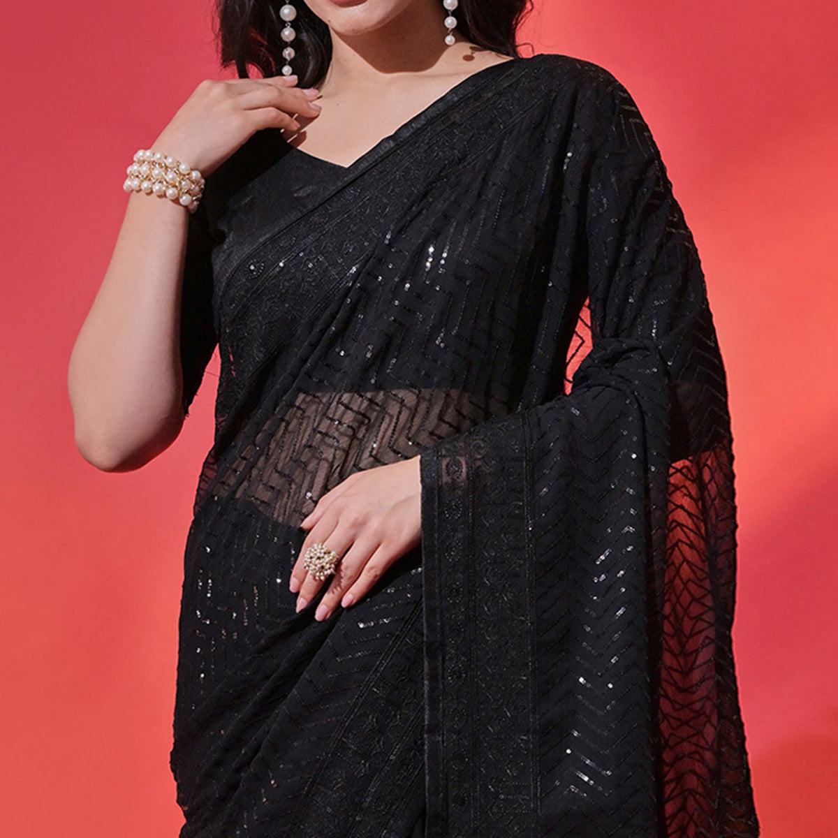 Black Sequins Embroidered Georgette Saree