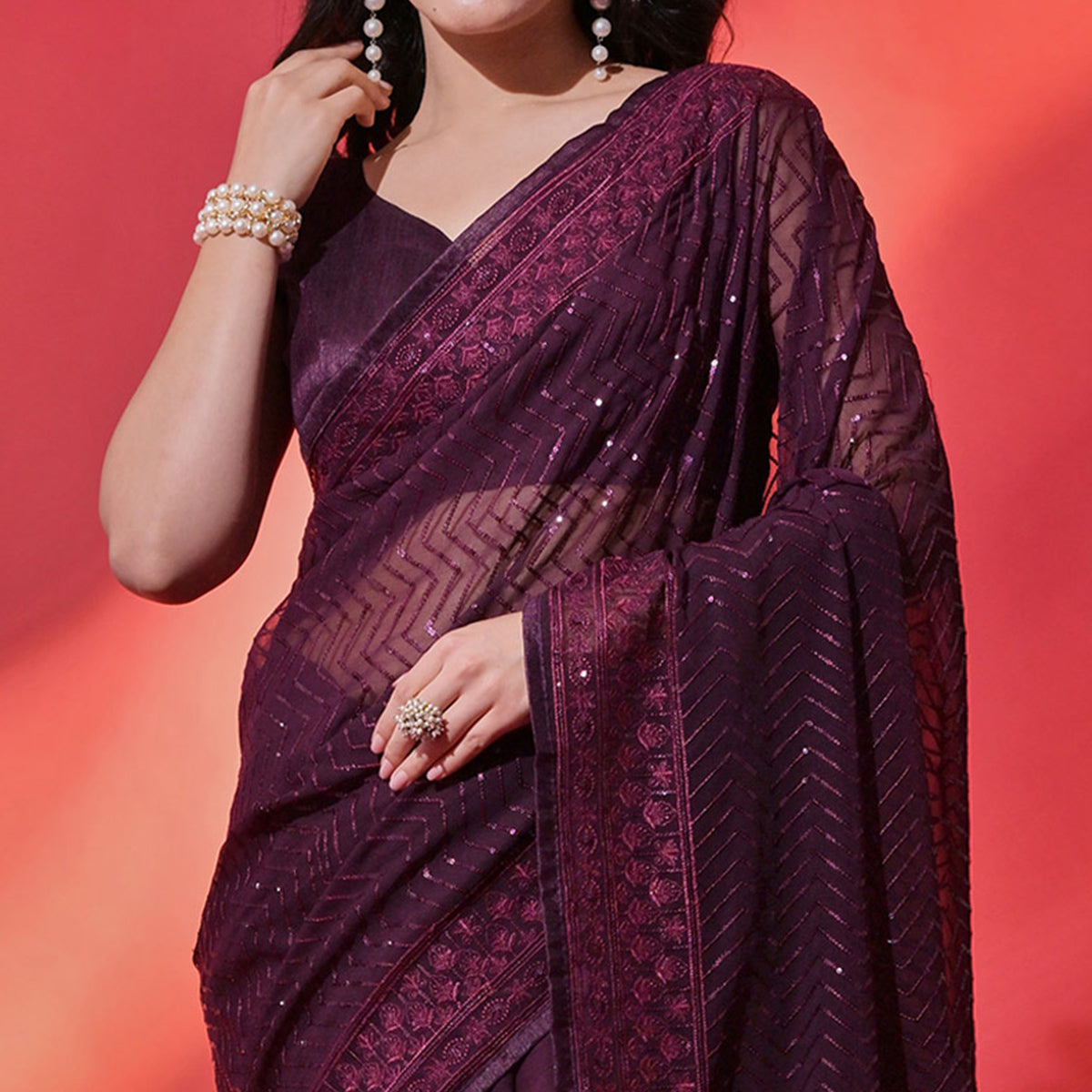 Wine Sequins Embroidered Georgette Saree