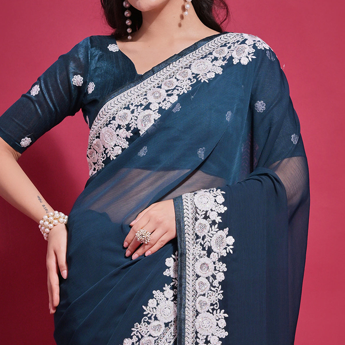 Teal Embroidered Georgette Saree