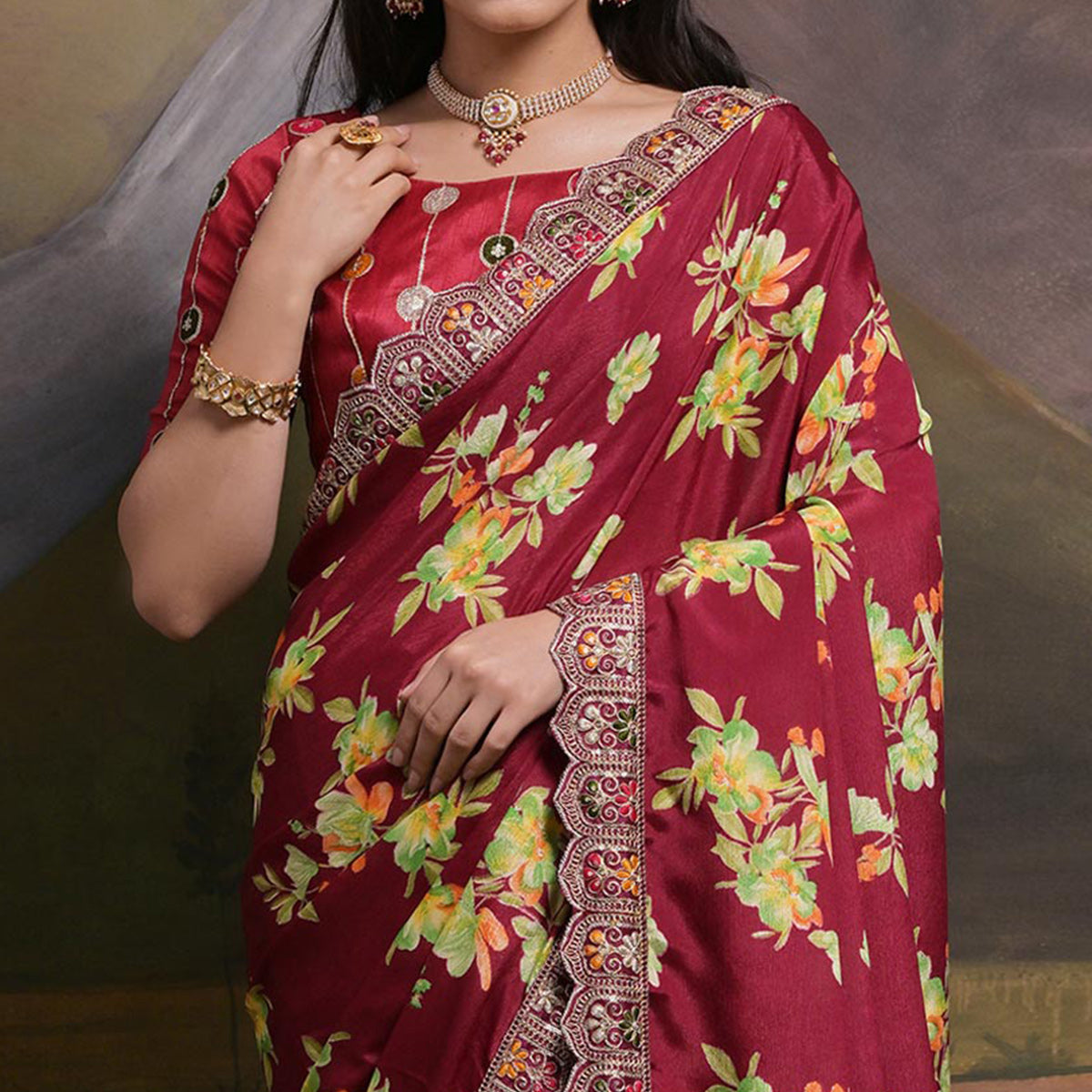 Maroon Floral Printed Chinon Saree With Embroidered Border