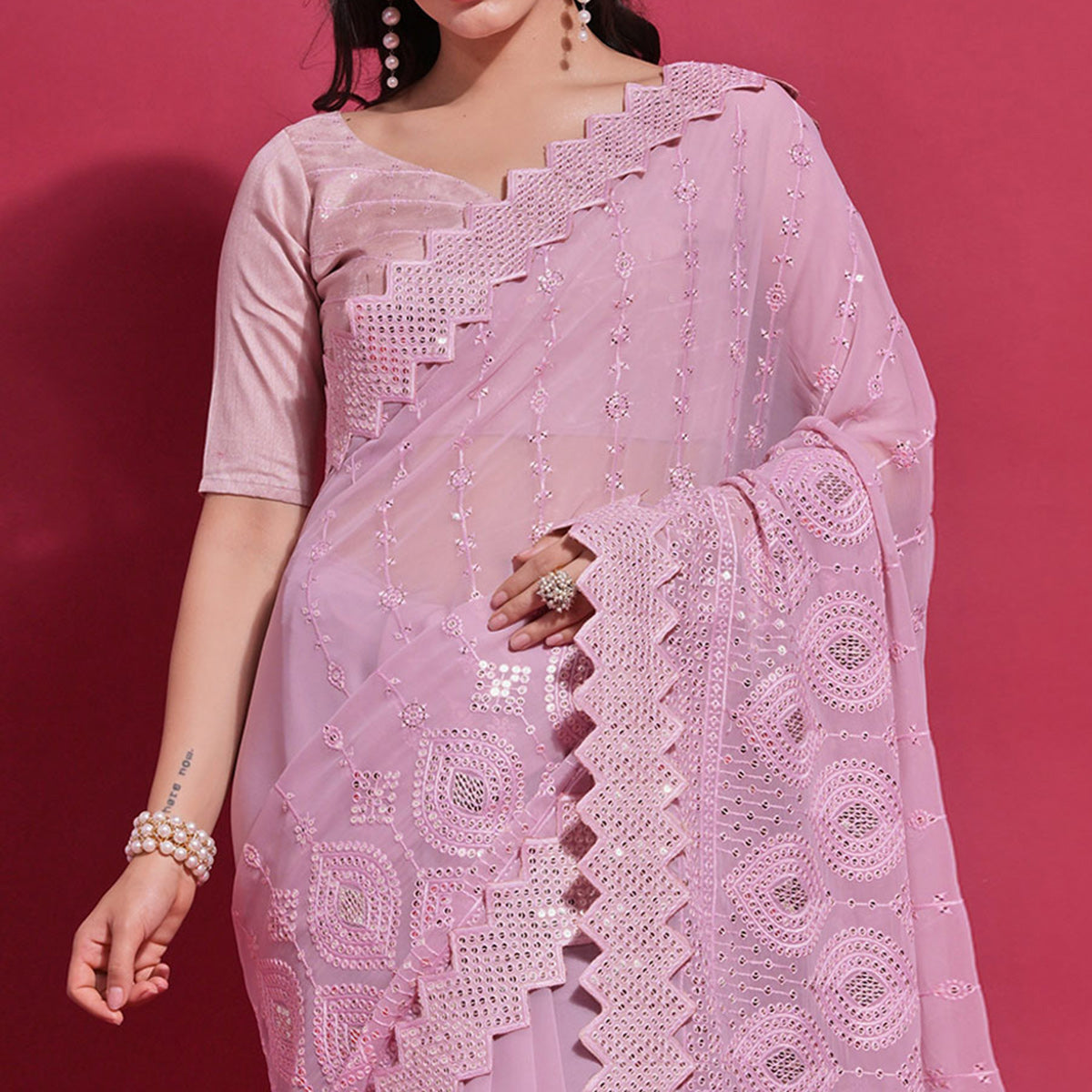 Pink Sequins Embroidered Georgette Saree