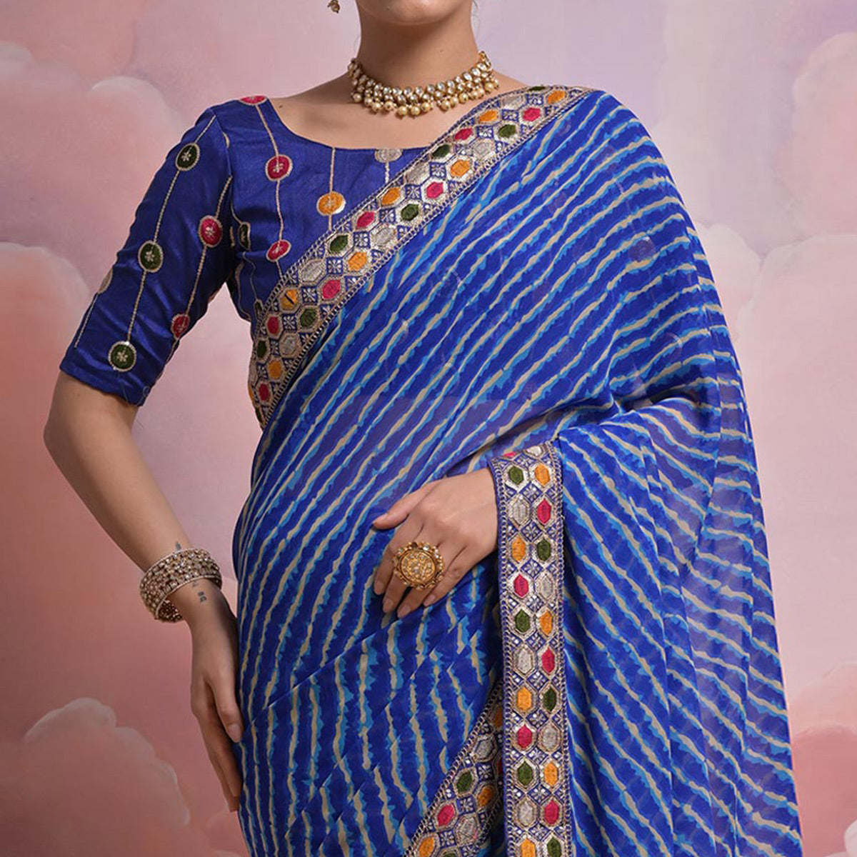 Blue Leheriya Printed With Embroidered Border Georgette Saree