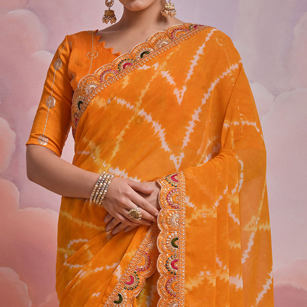 Yellow  Printed With Embroidered Border Georgette Saree