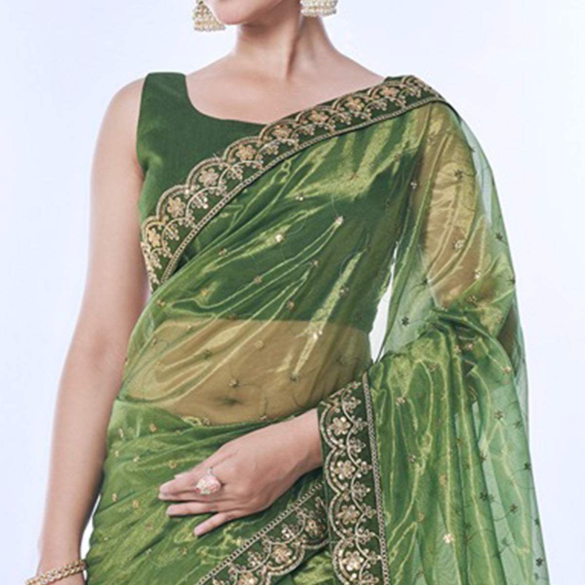 Green Sequins Embroidered Net Saree