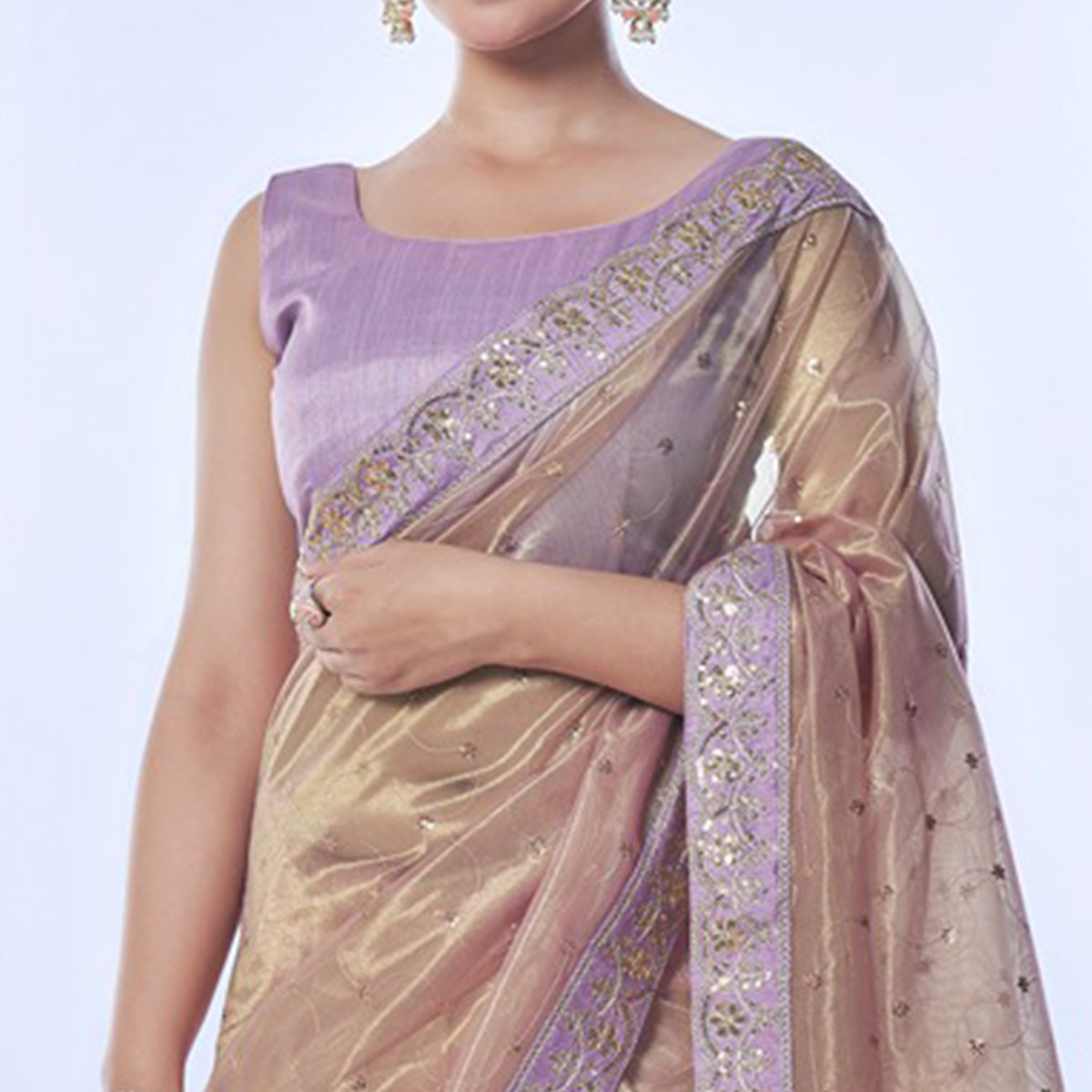 Beige Sequins Embroidered Net Saree