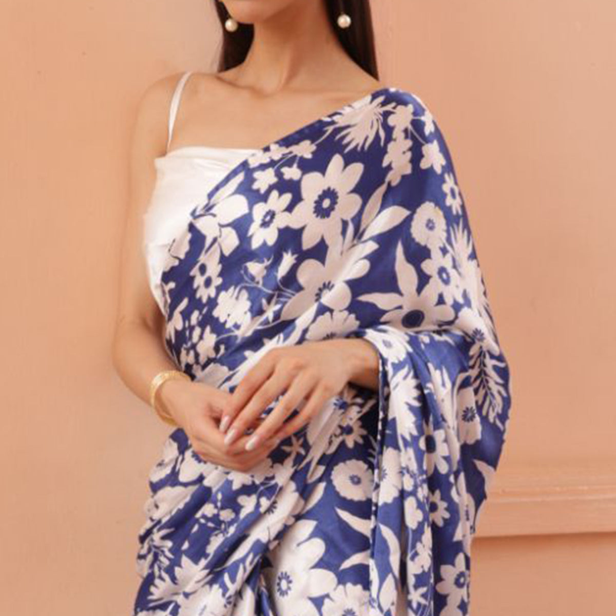 Blue Digital Printed Satin Saree