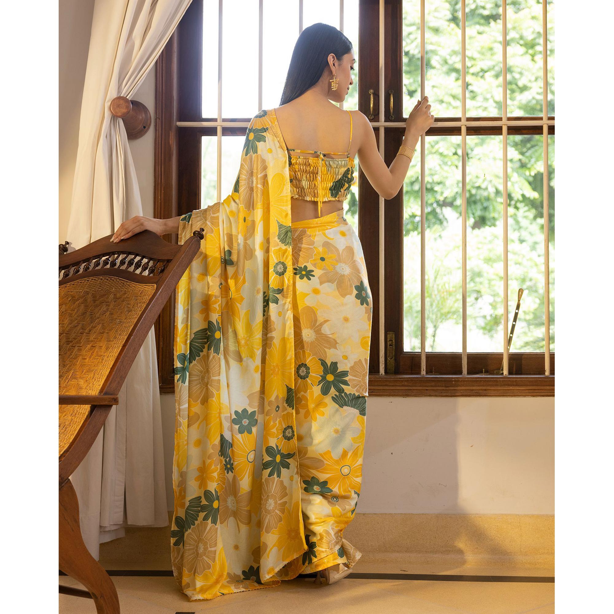 Yellow Digital Printed Satin Saree