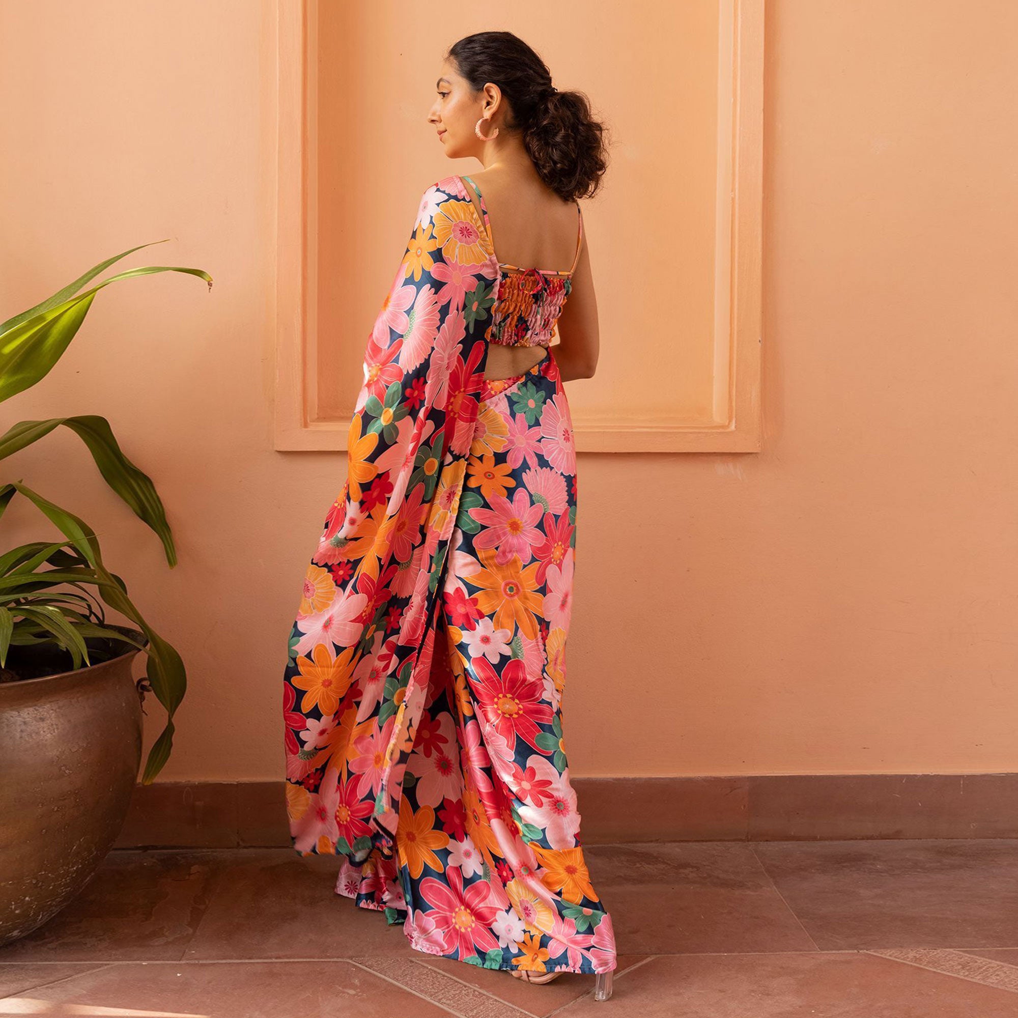 Pink Digital Printed Satin Saree