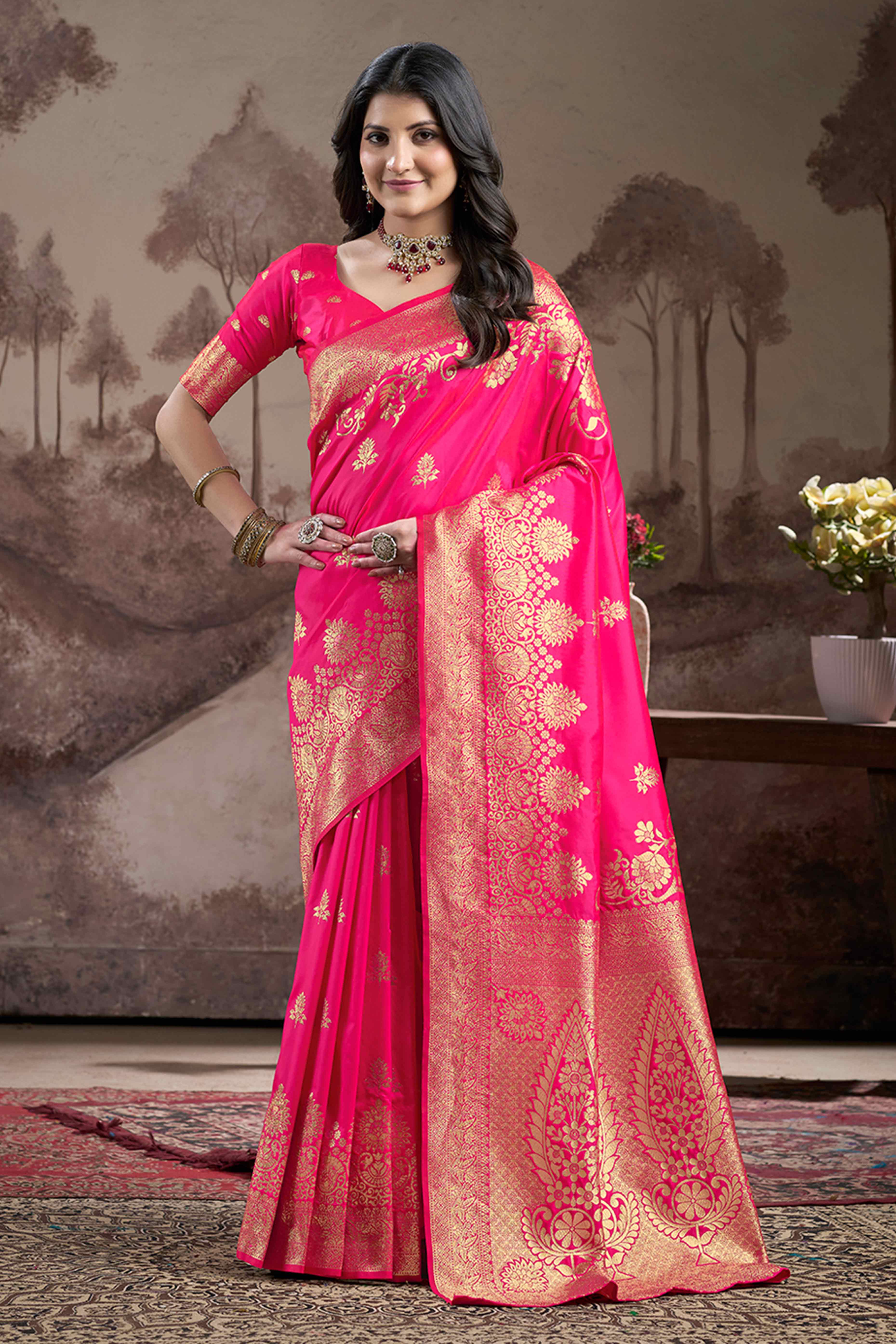 Pink Floral Woven Jacquard Silk Saree