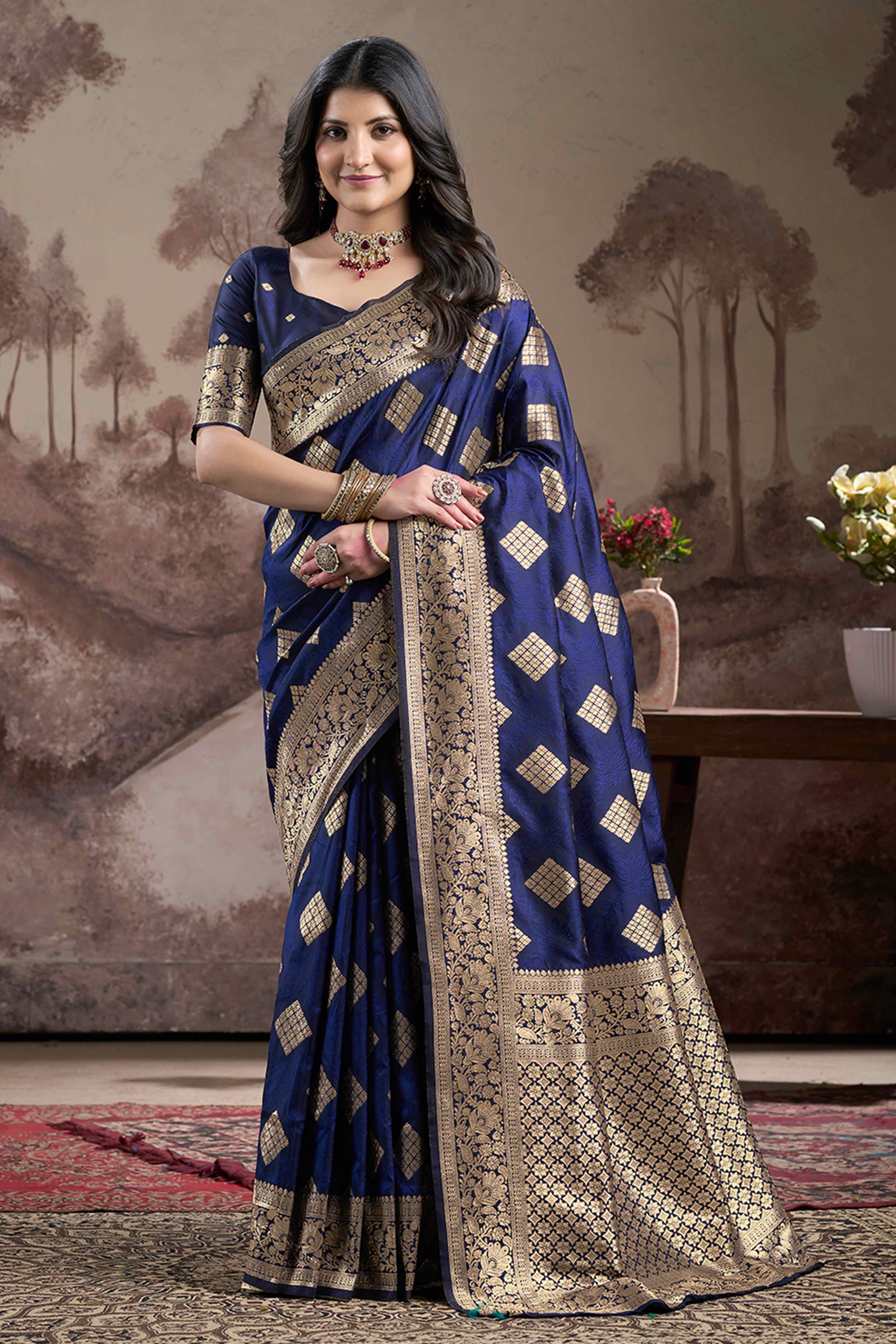 Navy Blue Woven Jacquard Silk Saree