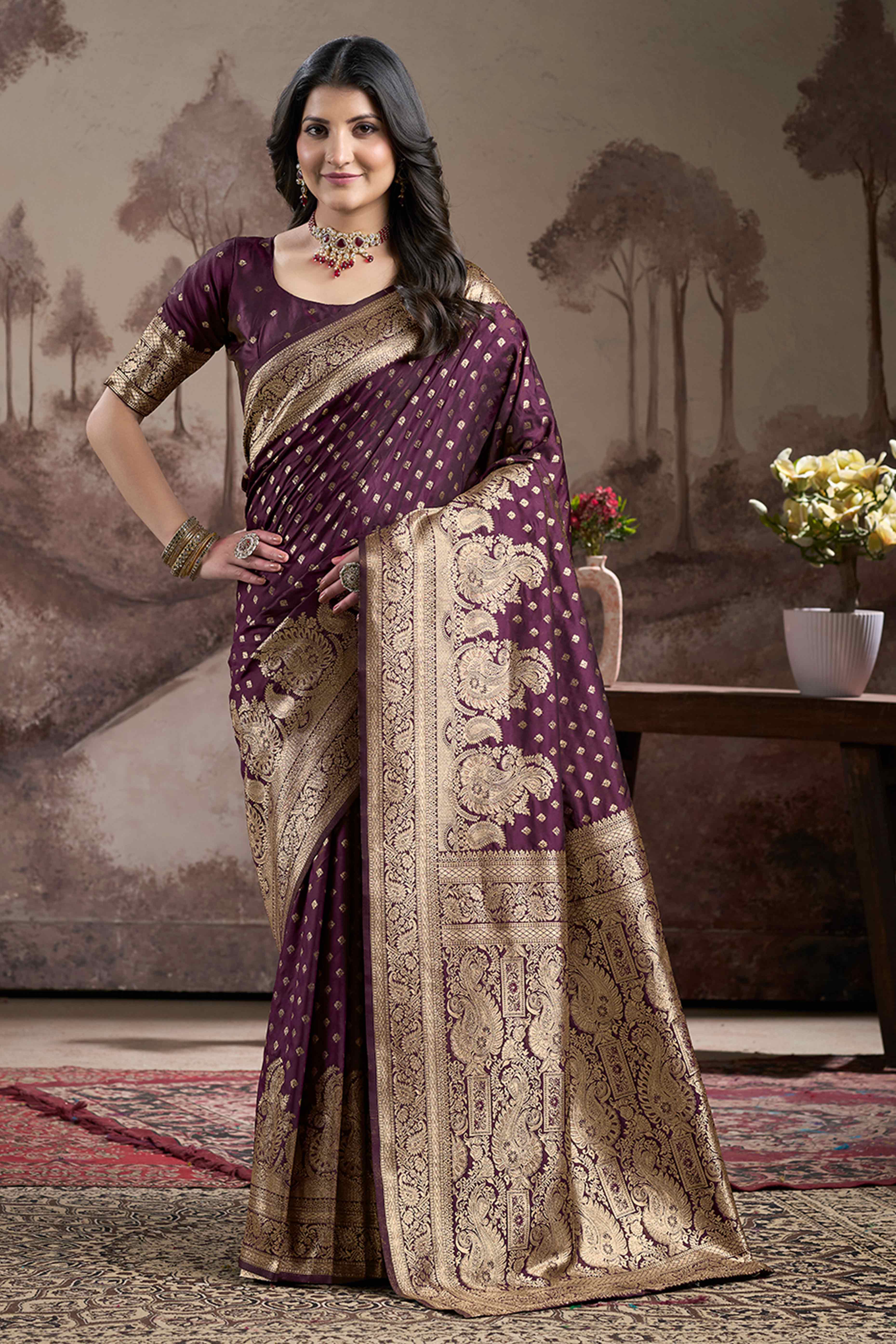 Dark Wine Floral Woven Jacquard Silk Saree