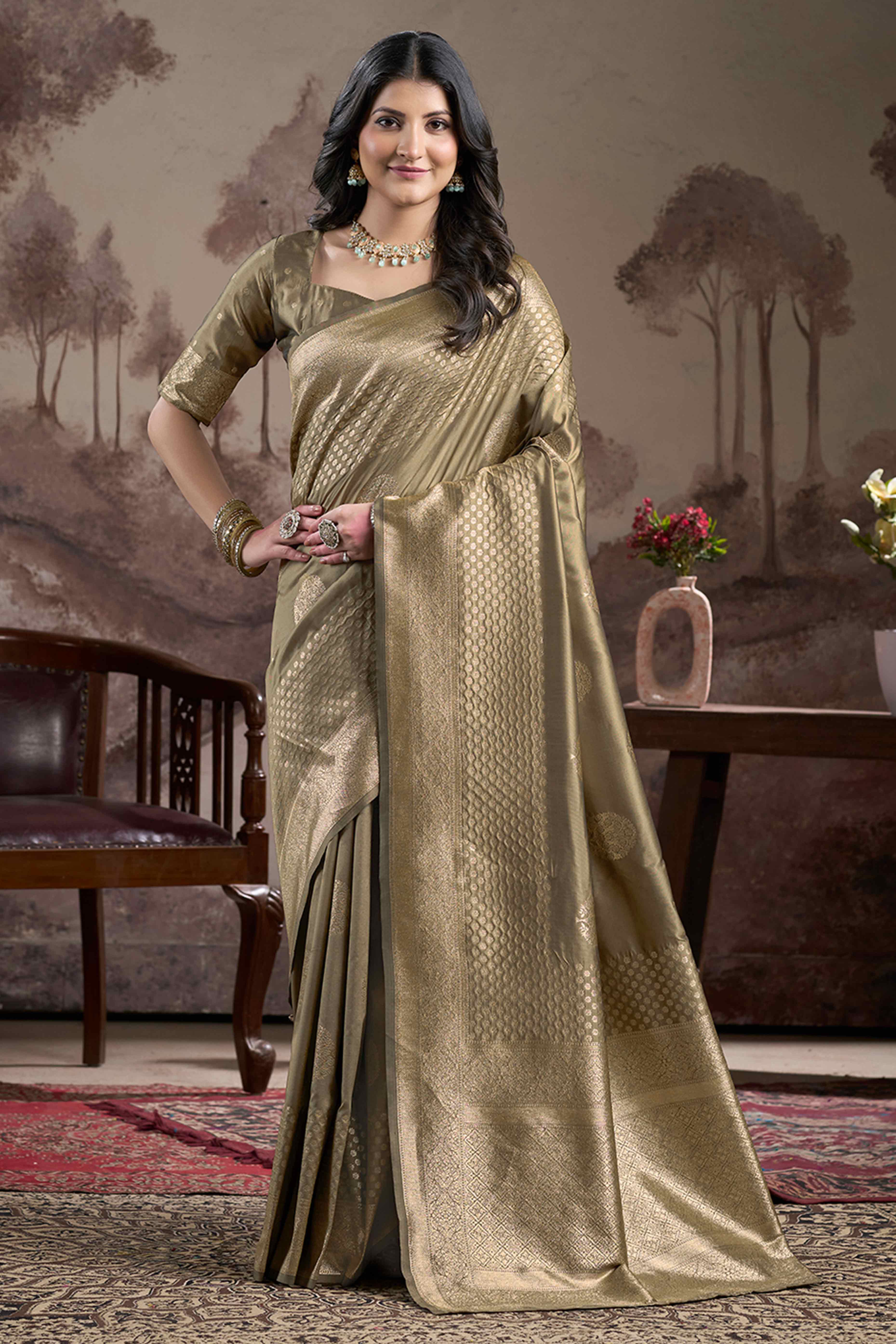 Chikoo Floral Woven Jacquard Silk Saree