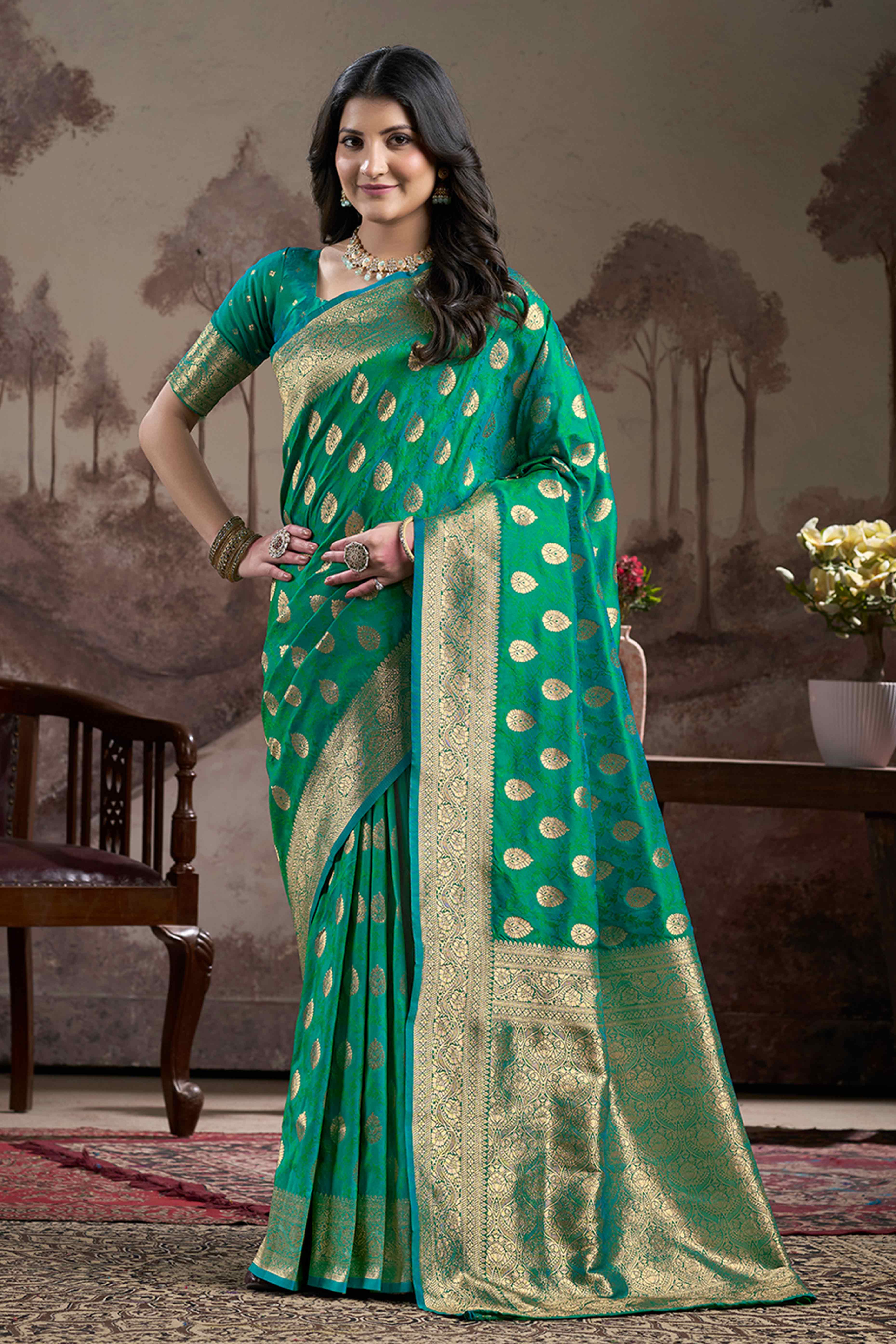 Rama Green Floral Woven Jacquard Silk Saree