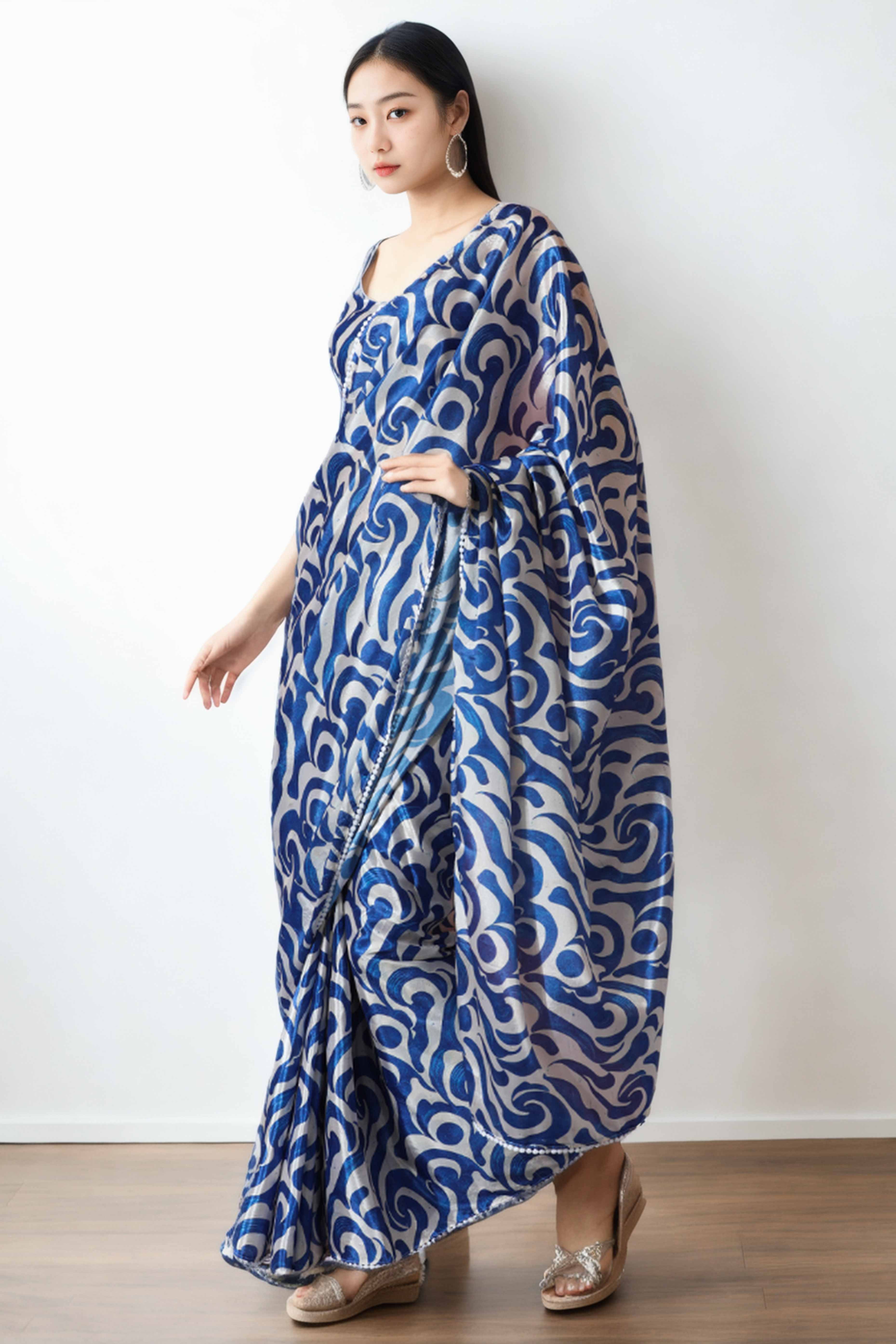 Blue Digital Printed With Lace Border Pallu Chinon Ready To Wear Saree