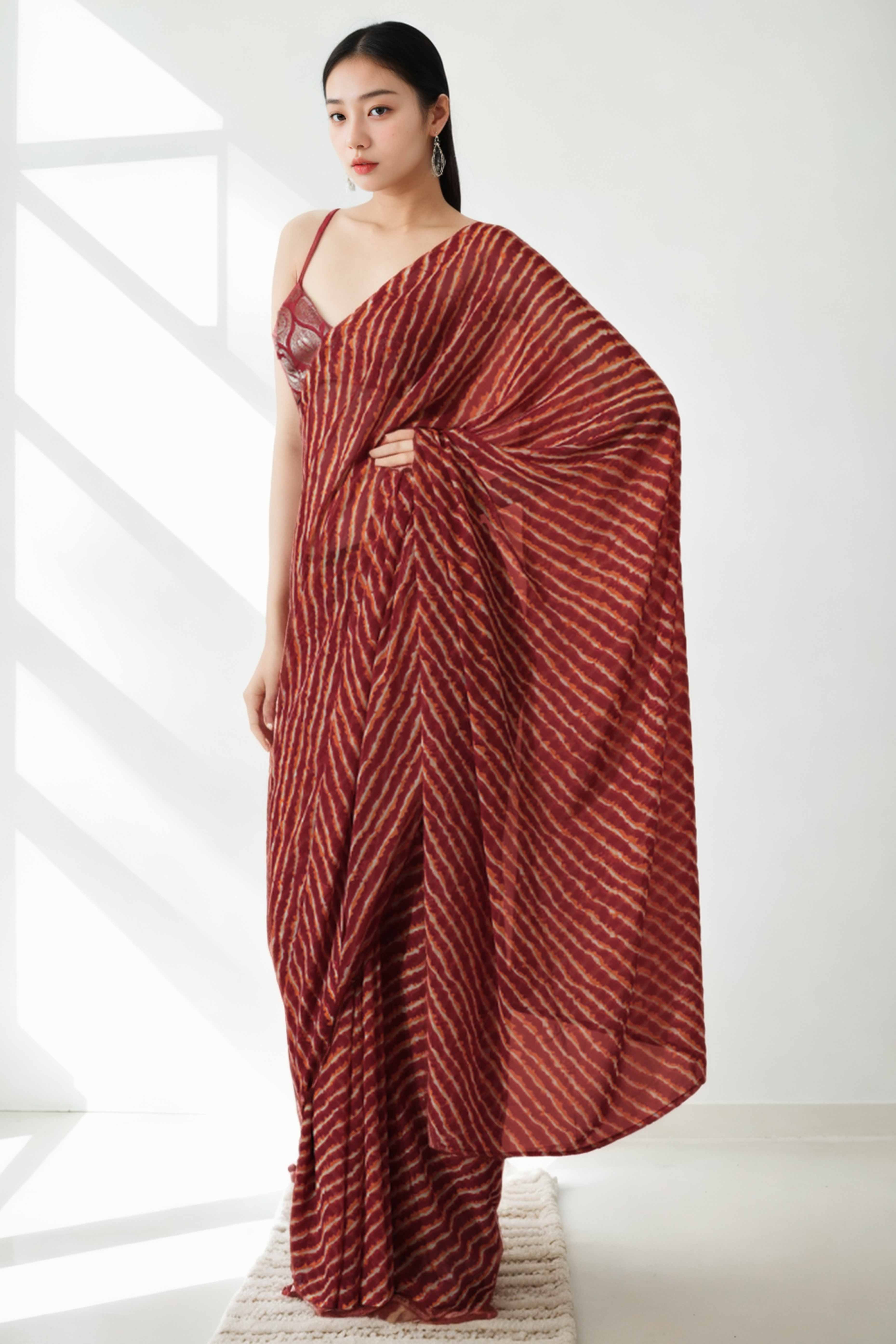 Maroon Leheriya Printed With Marbel Chiffon Ready To Wear Saree