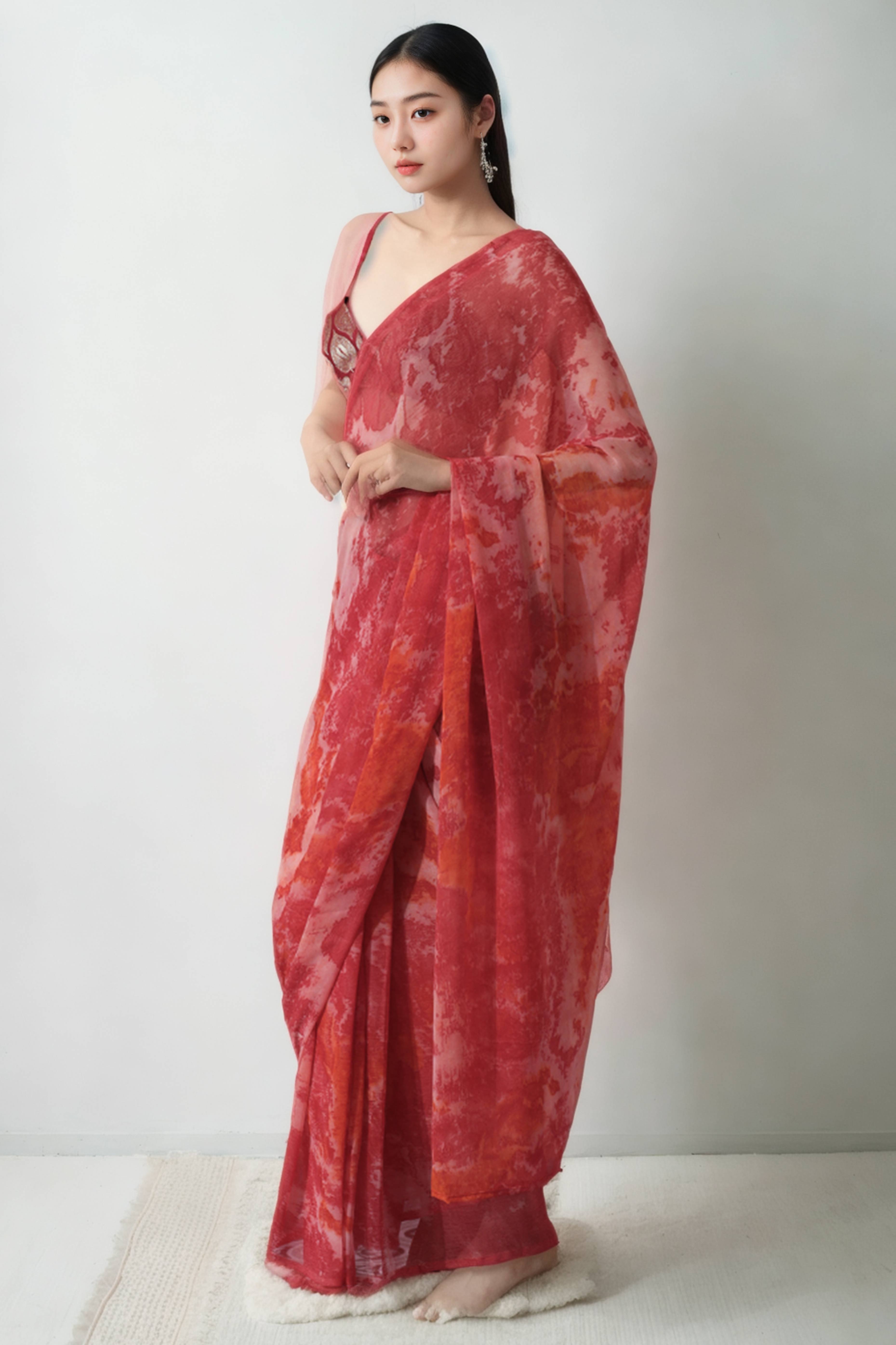 Gajari Pink Tie & Dye Printed With Marbel Chiffon Ready To Wear Saree