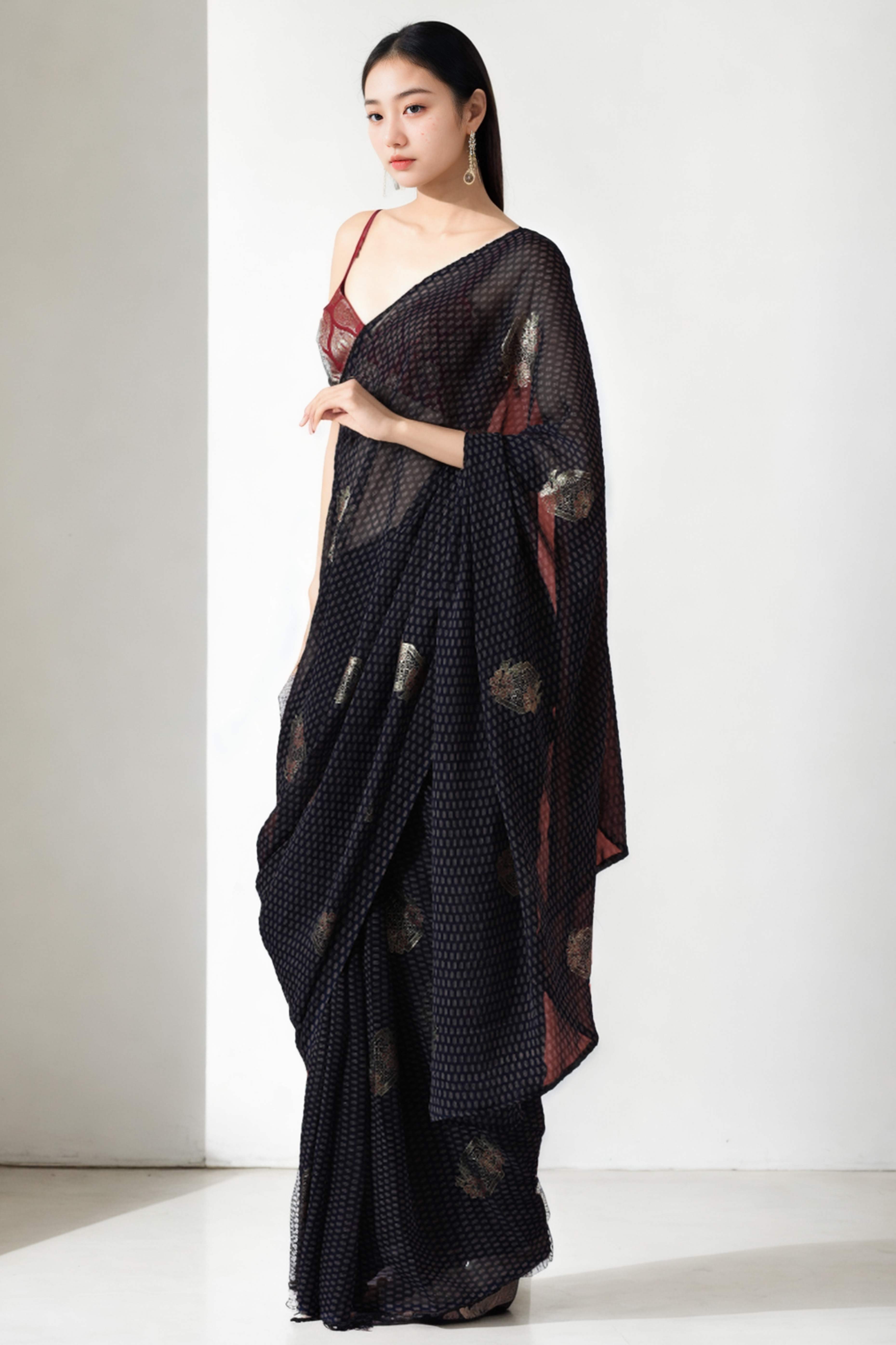 Black Floral Foil Printed With Marbel Chiffon Ready To Wear Saree