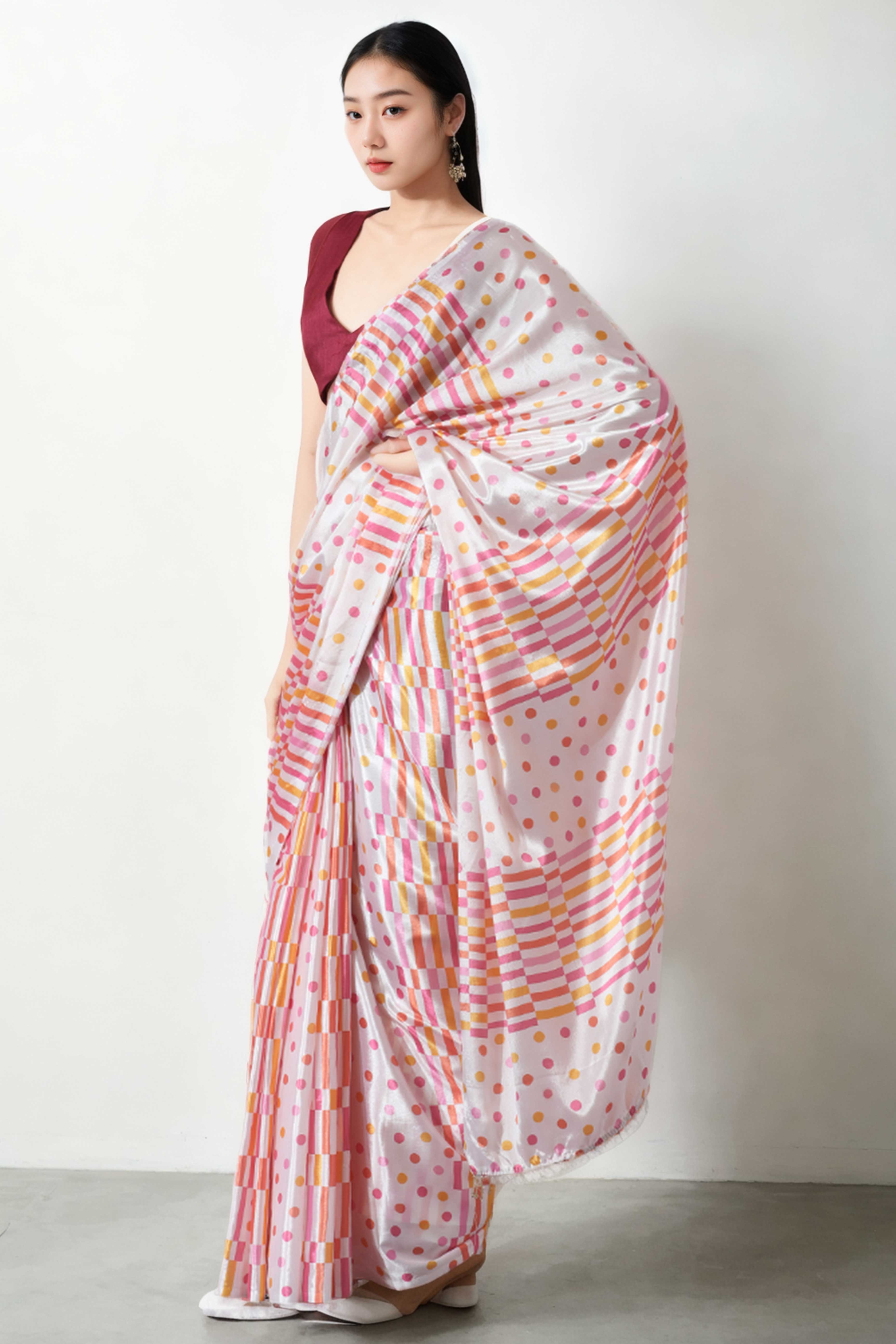 White Striped With Polka Dot Digital Printed With Lace Border Pallu Chinon Ready To Wear Saree