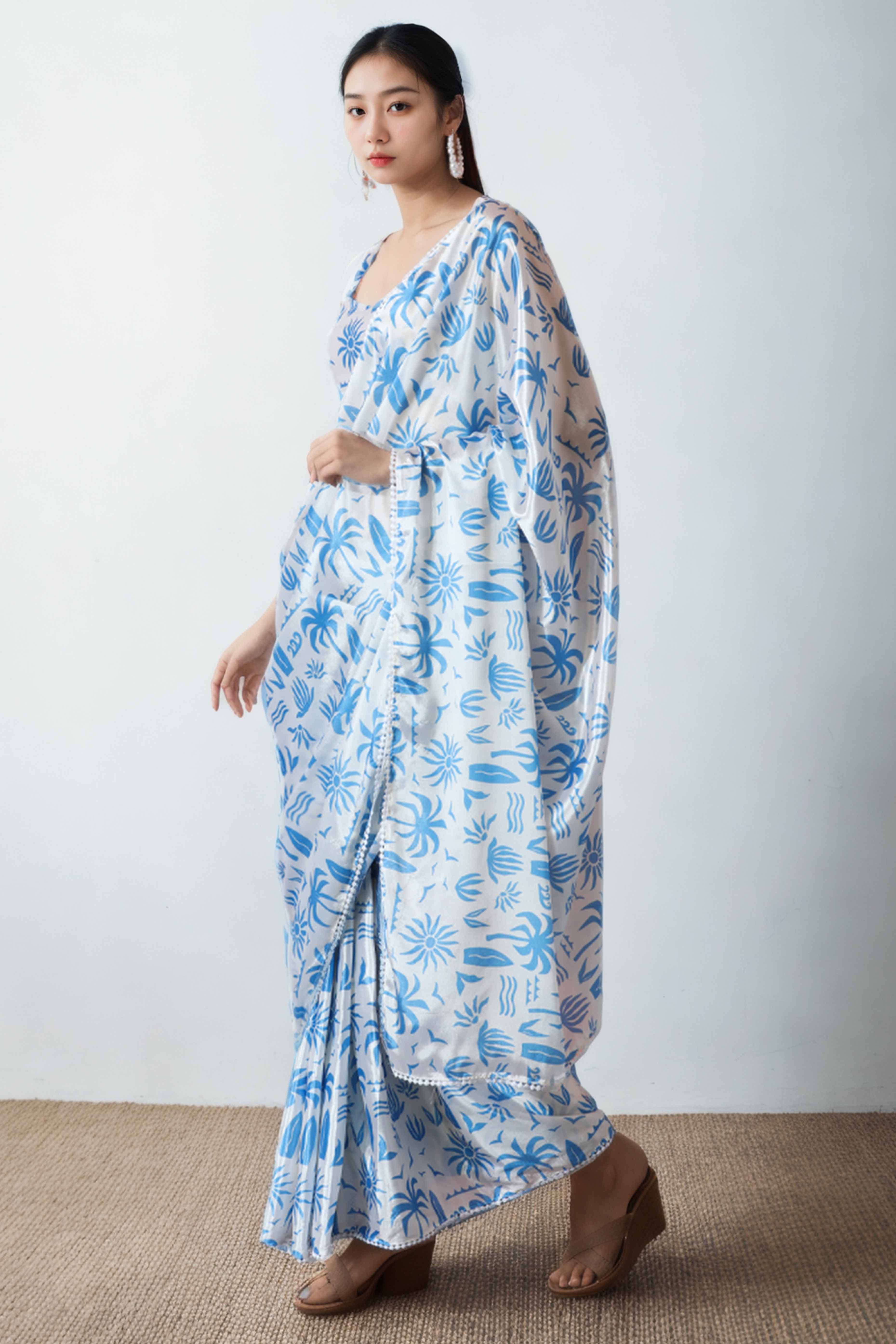 White & Blue Floral Digital Printed With Lace Border Pallu Chinon Ready To Wear Saree