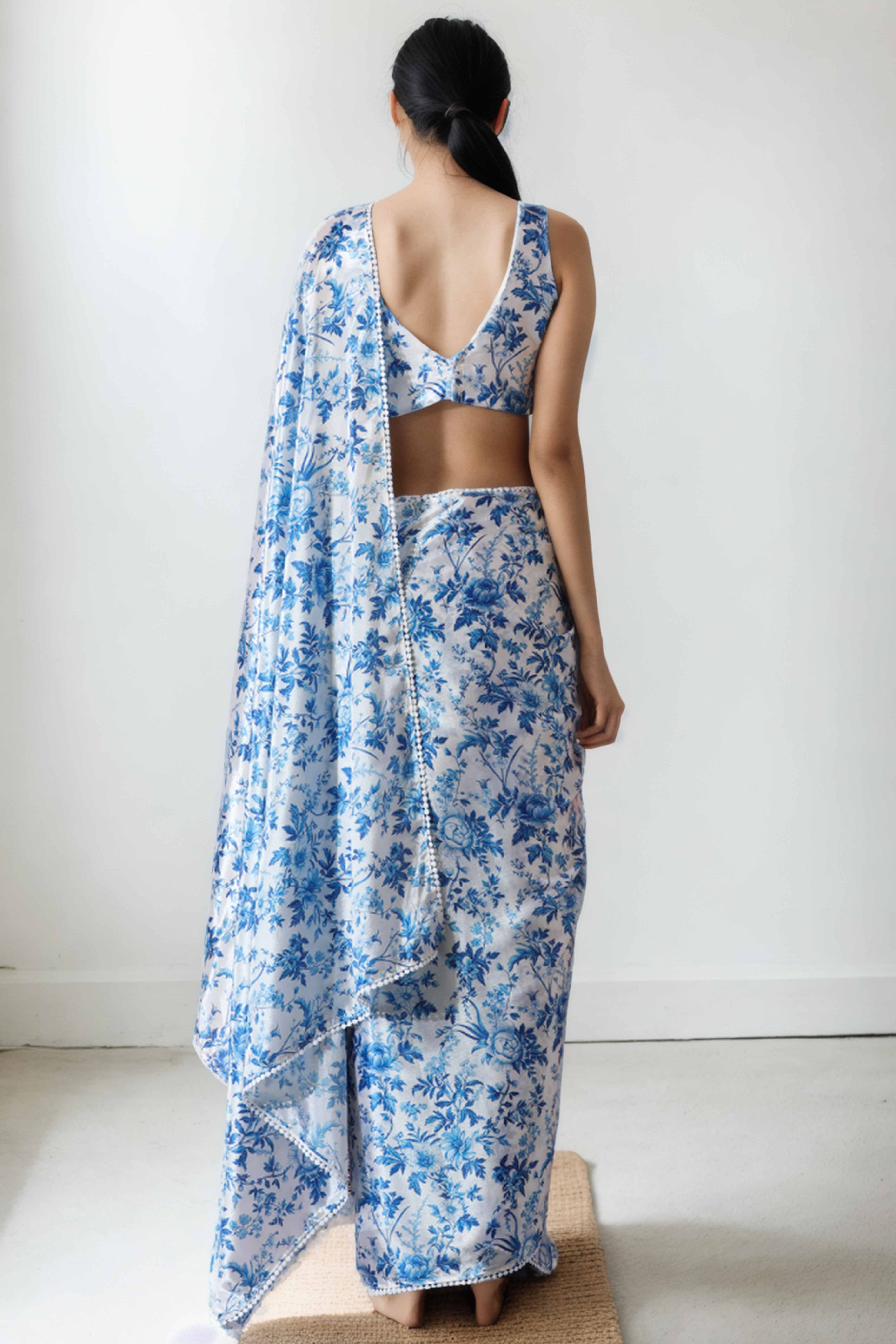 White & Blue Floral Digital Printed With Lace Border Pallu Chinon Ready To Wear Saree