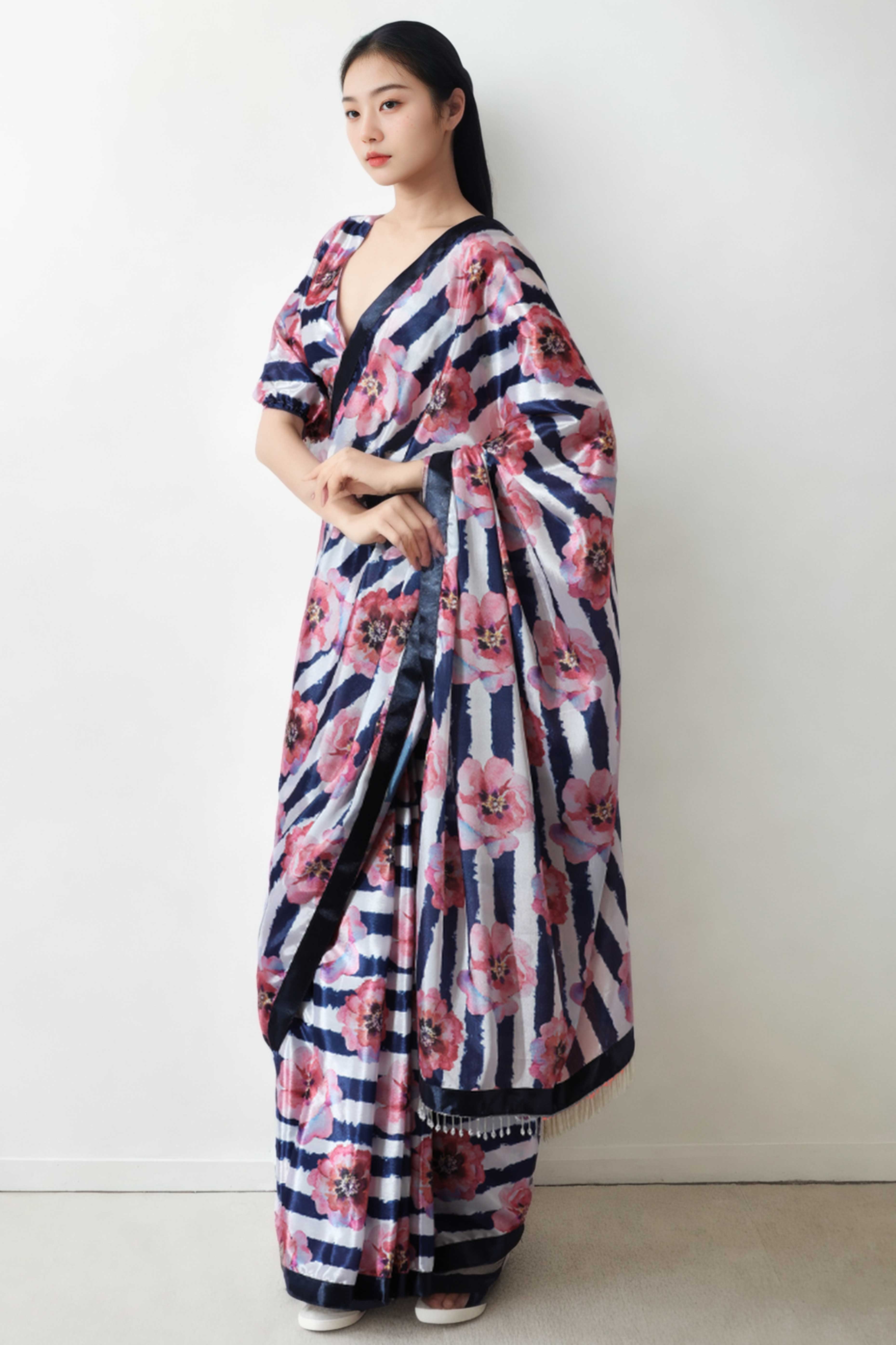 Multicolor Floral Digital Printed With Lace Border Pallu Chinon Ready To Wear Saree