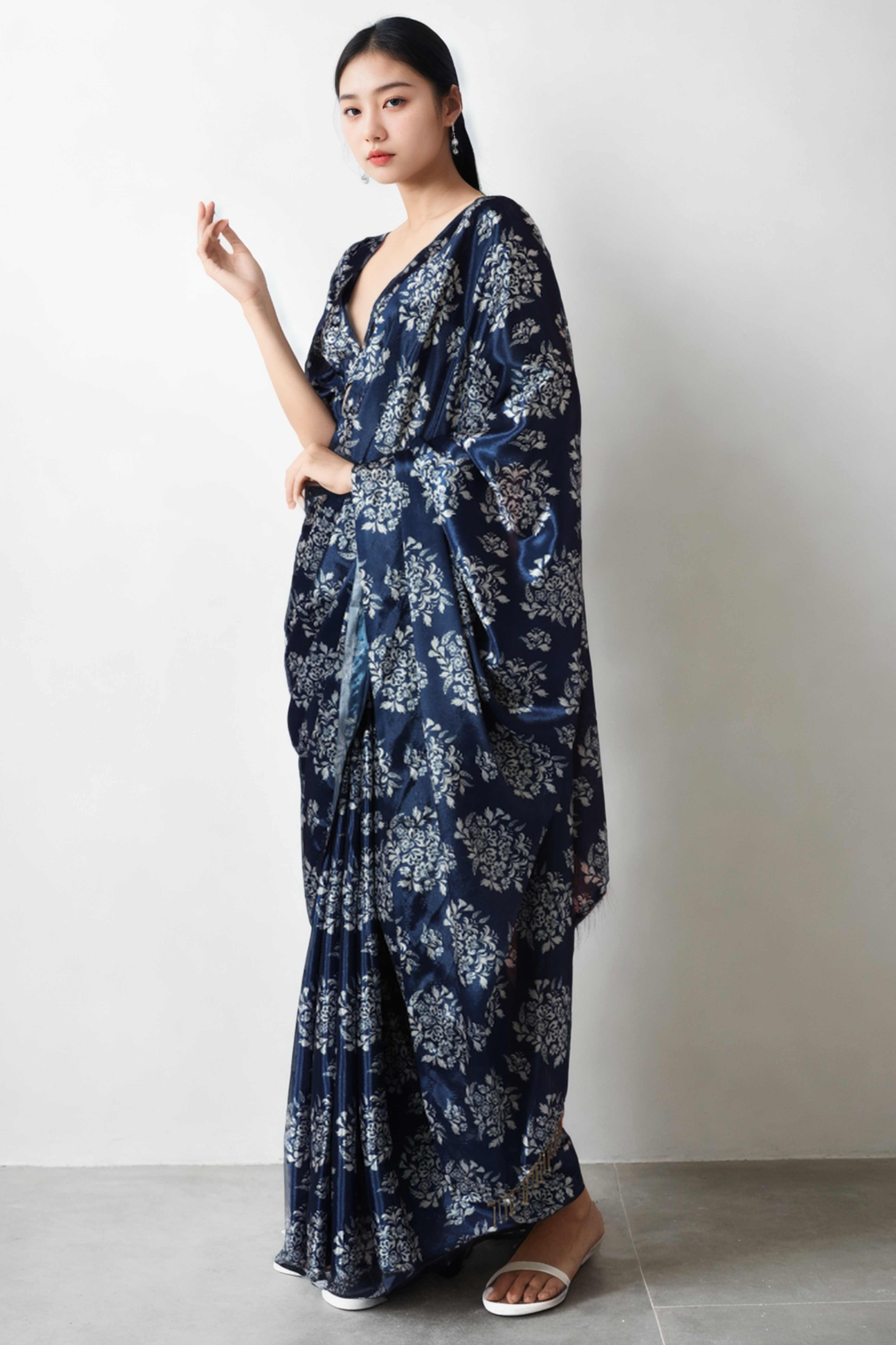 Navy Blue Floral Digital Printed With Lace Border Pallu Chinon Ready To Wear Saree