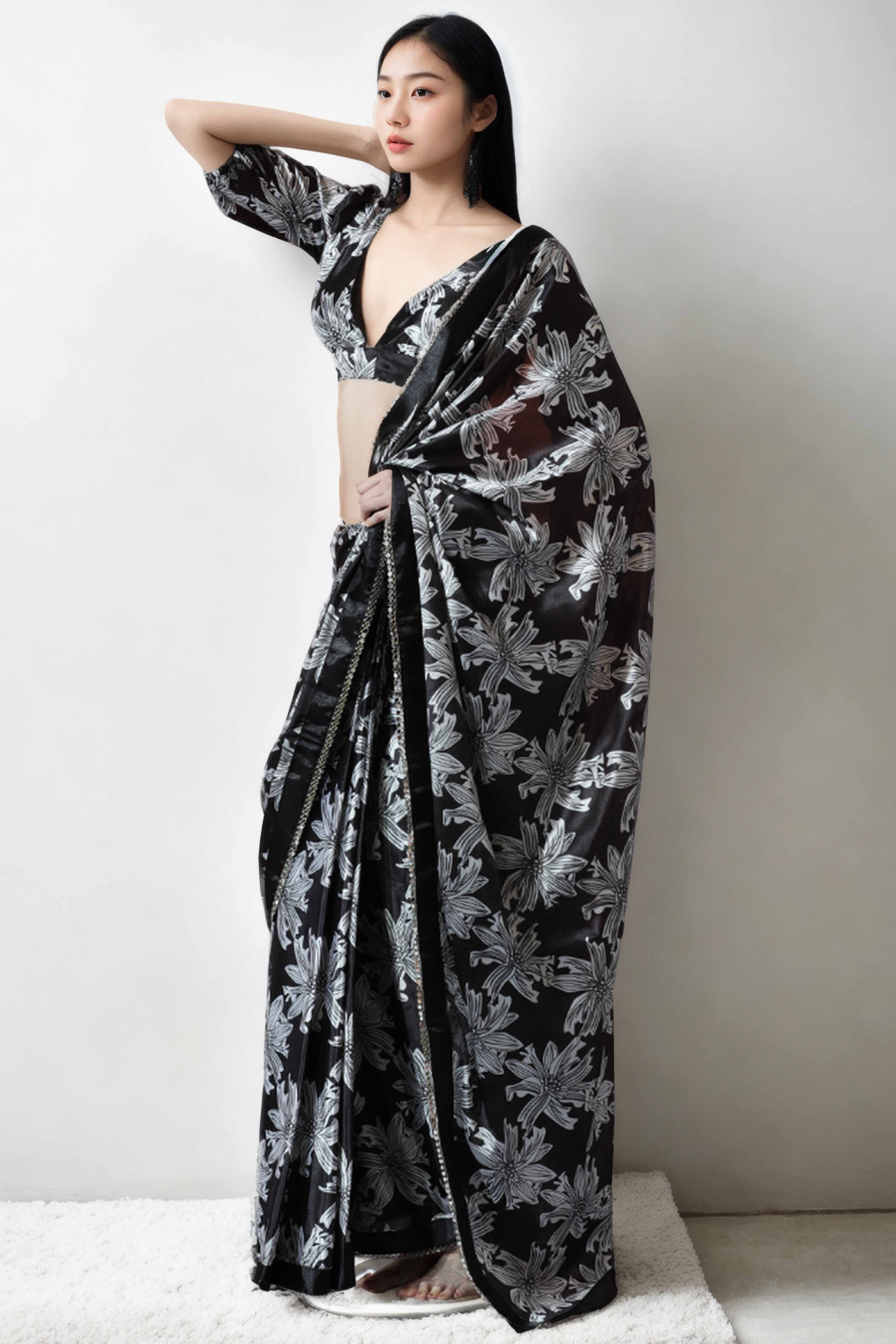 Black Floral Digital Printed With Lace Border Pallu Chinon Ready To Wear Saree