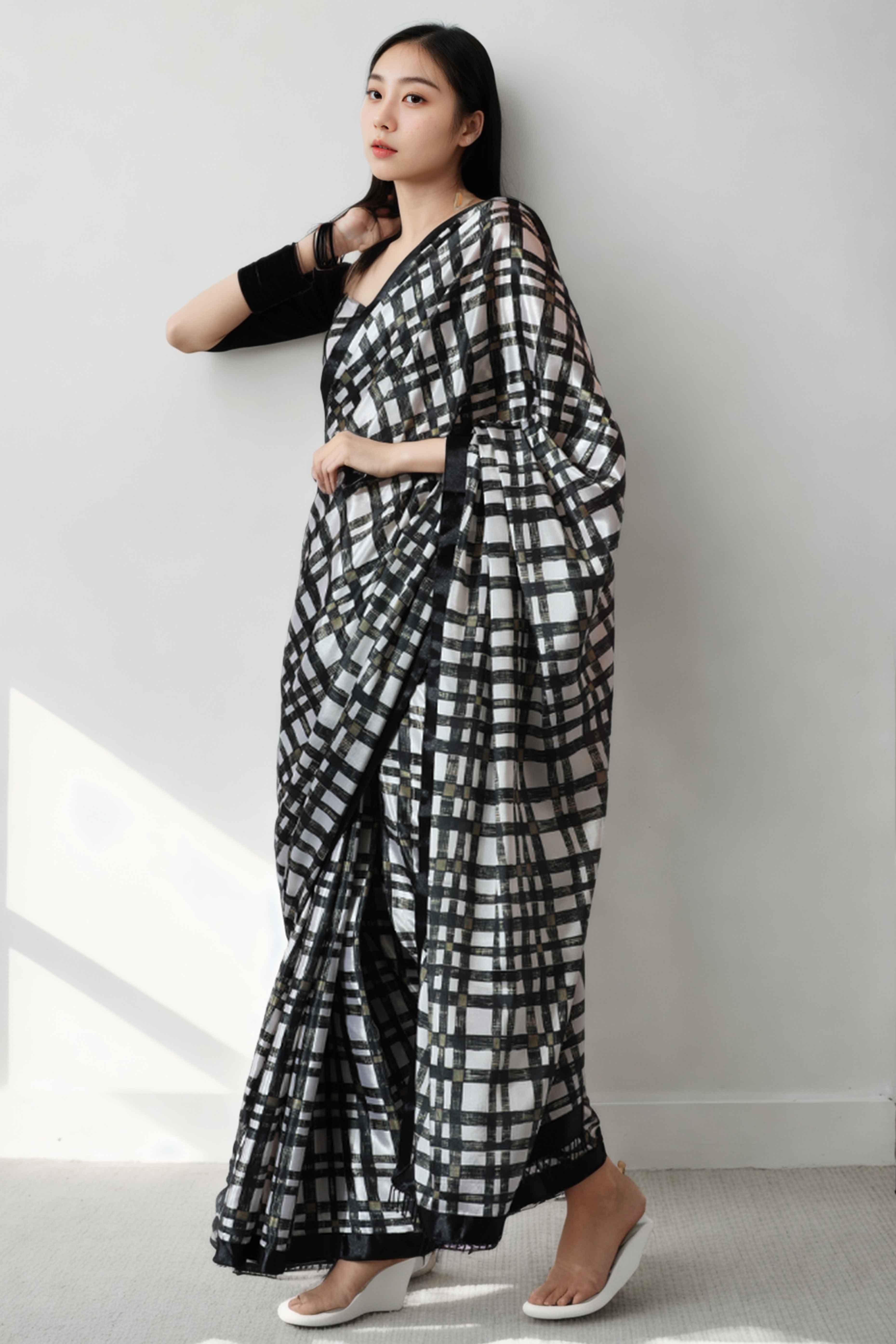 Black & White Checked Digital Printed With Lace Border Pallu Chinon Ready To Wear Saree