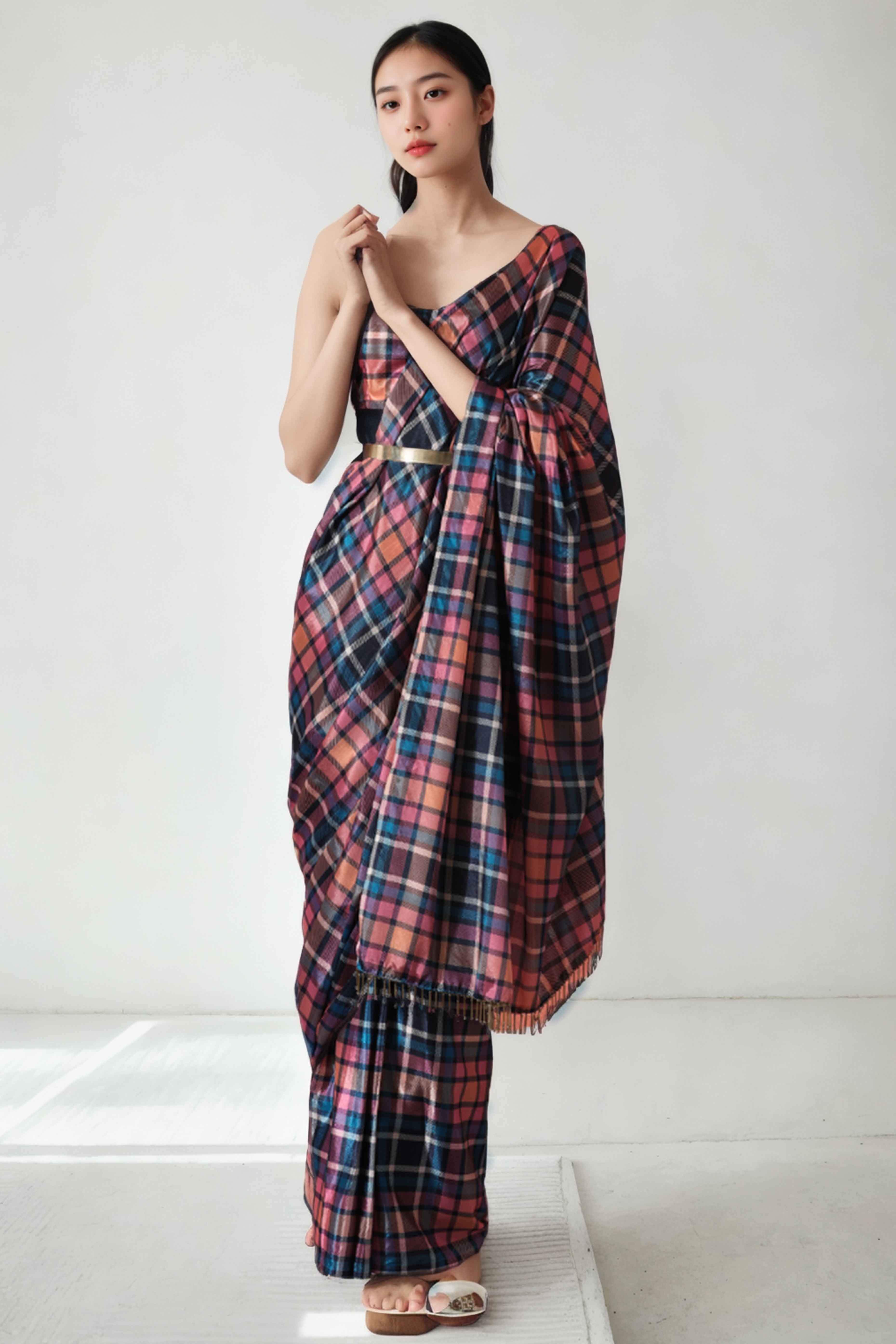 Multicolor Checked Digital Printed With Lace Border Pallu Chinon Ready To Wear Saree