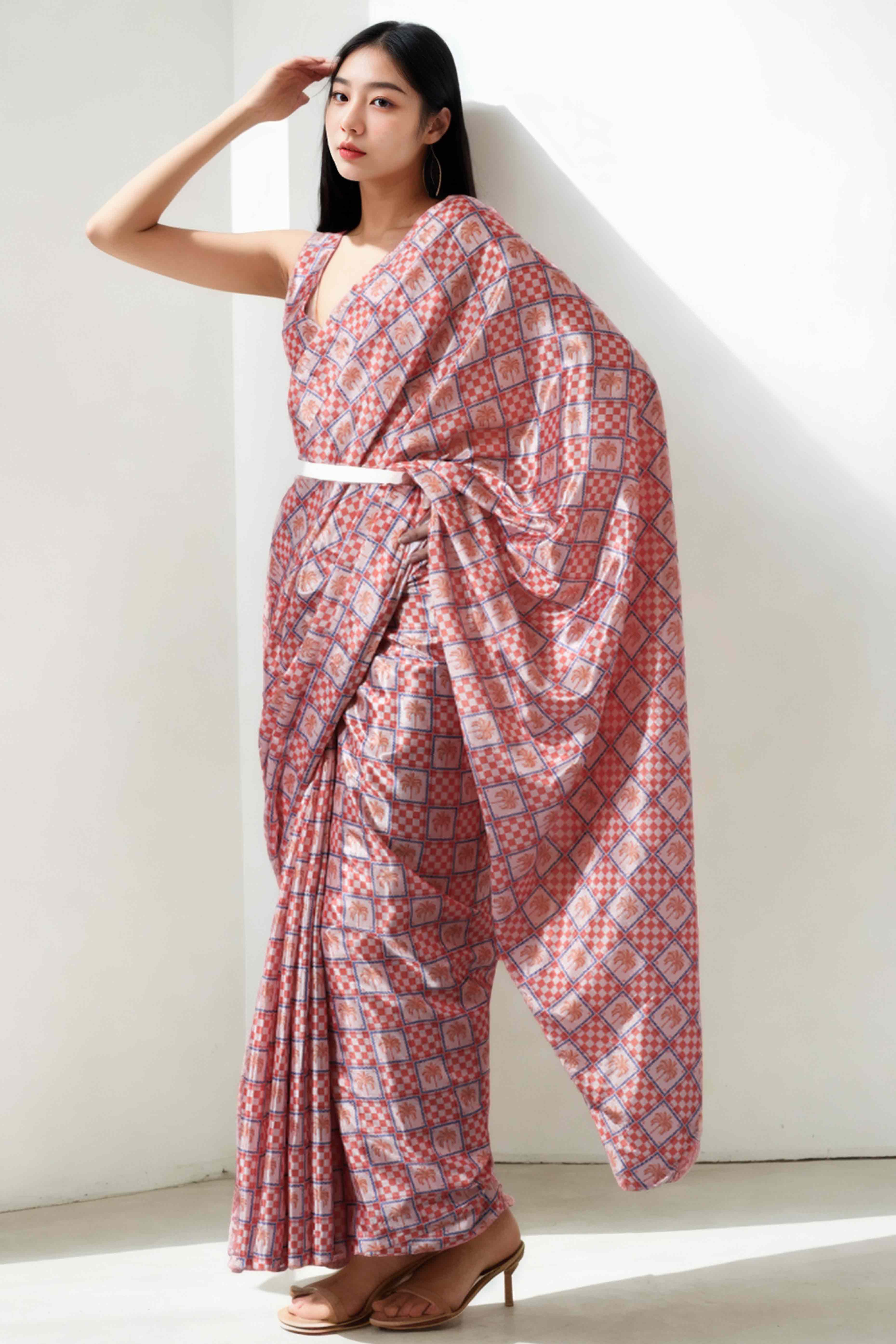 Peach Digital Printed With Lace Border Pallu Chinon Ready To Wear Saree