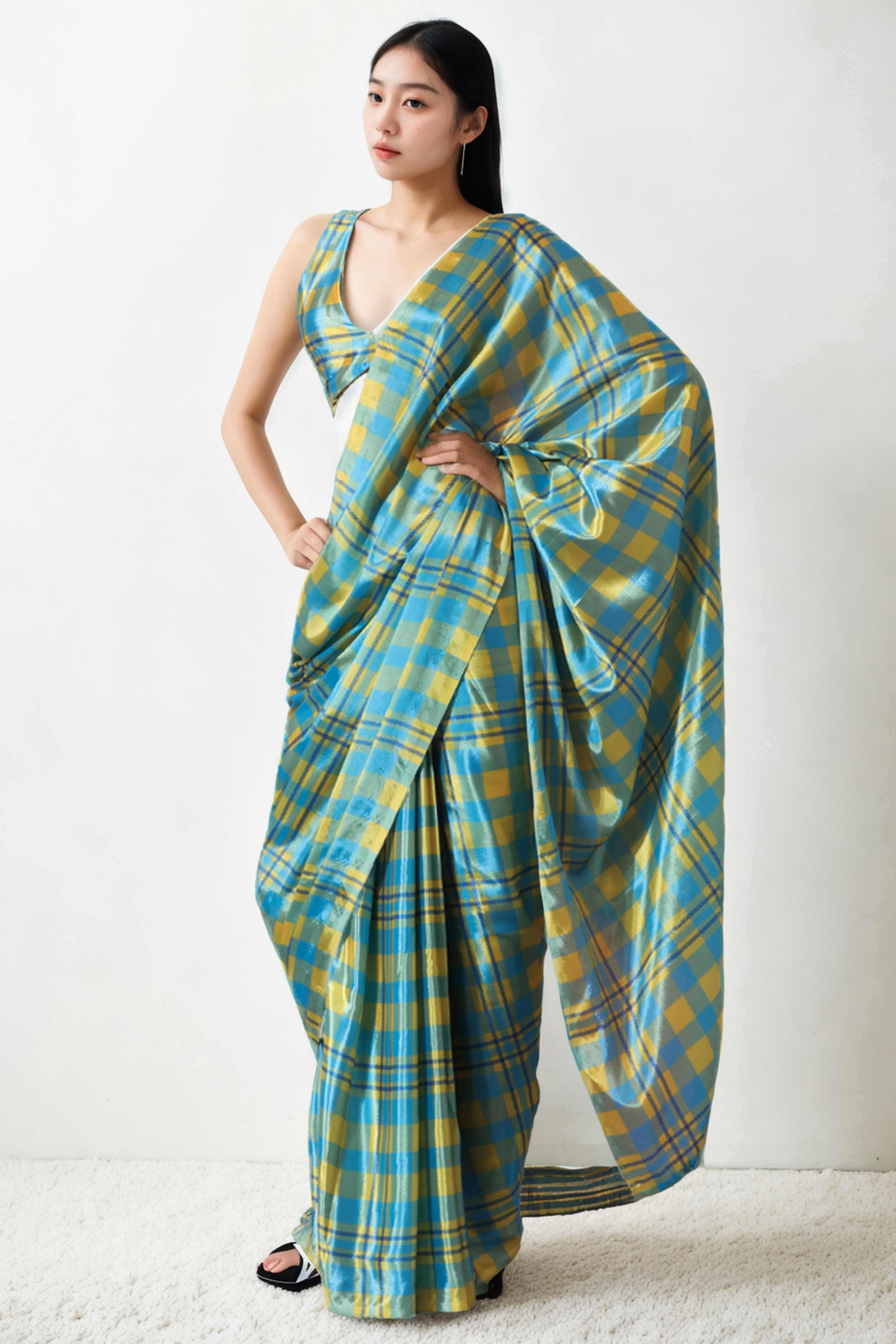 Blue Checks Digital Printed With Delicate Lace Border Pallu Chinon Ready To Wear Saree