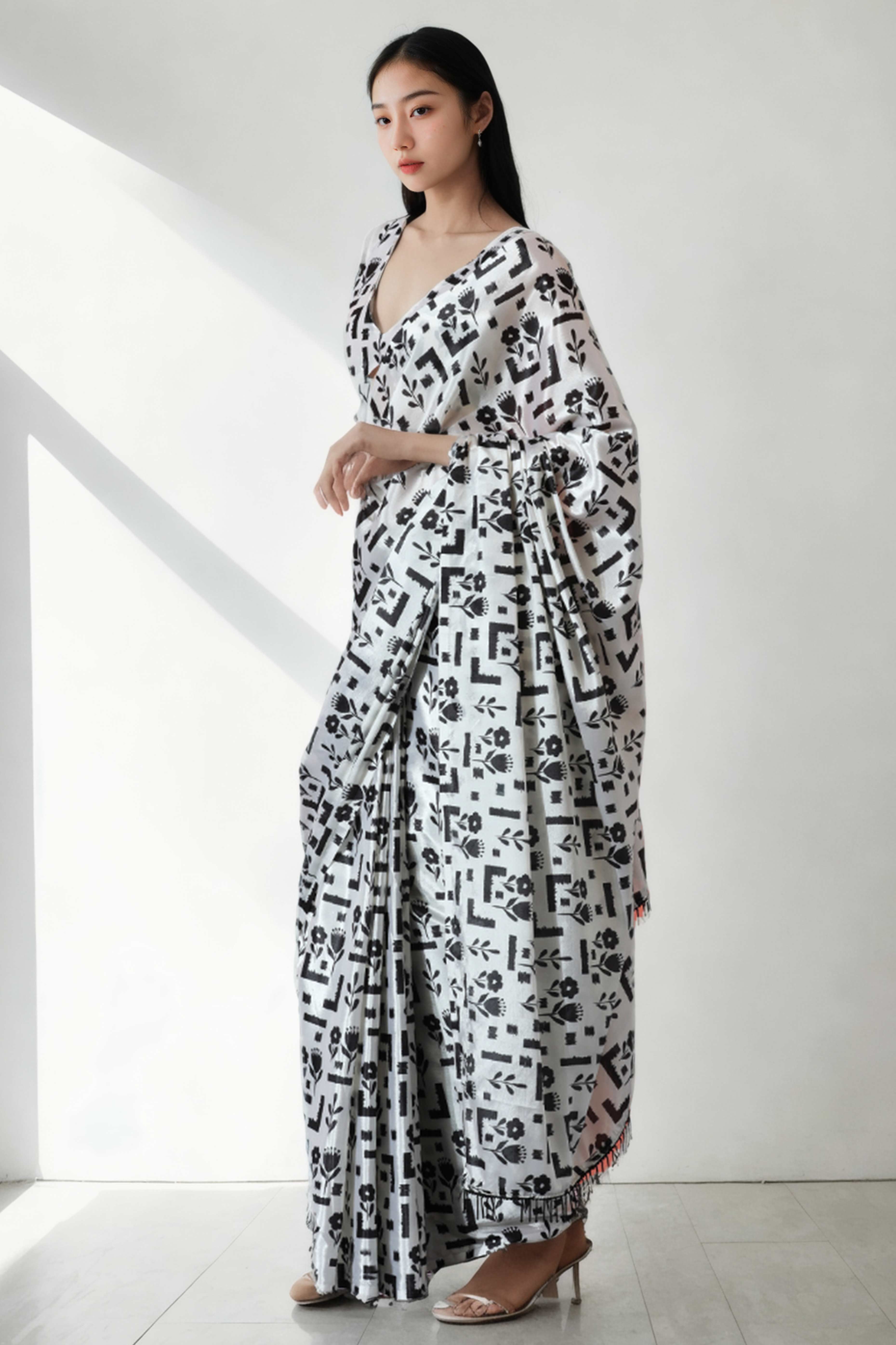 White & Black Floral Digital Printed With Intricate Lace Border Pallu Chinon Ready To Wear Saree