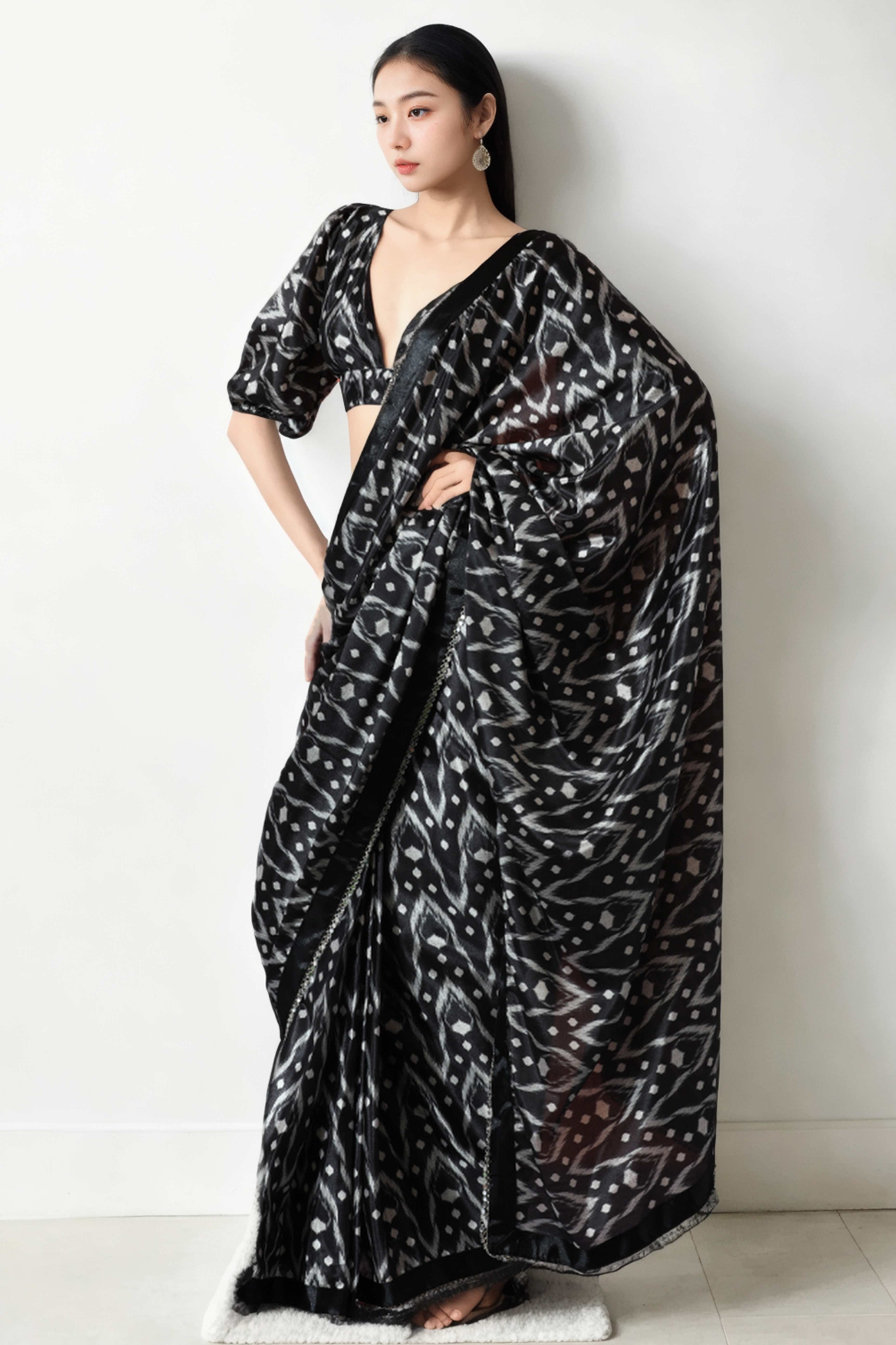 Black Digital Printed With Intricate Lace Border Pallu Chinon Ready To Wear Saree