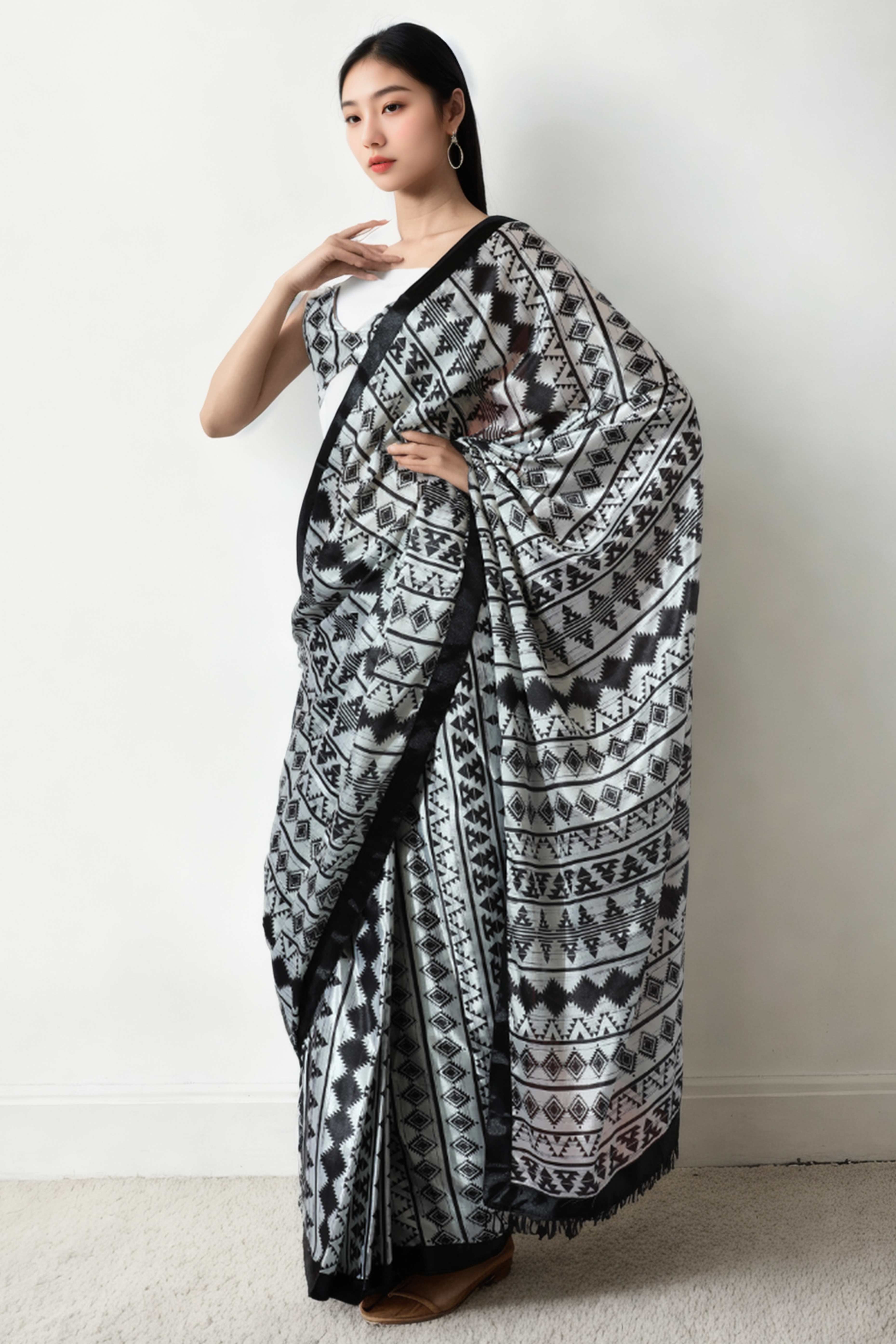 White & Black Geometric Digital Printed With Intricate Lace Border Pallu Chinon Ready To Wear Saree