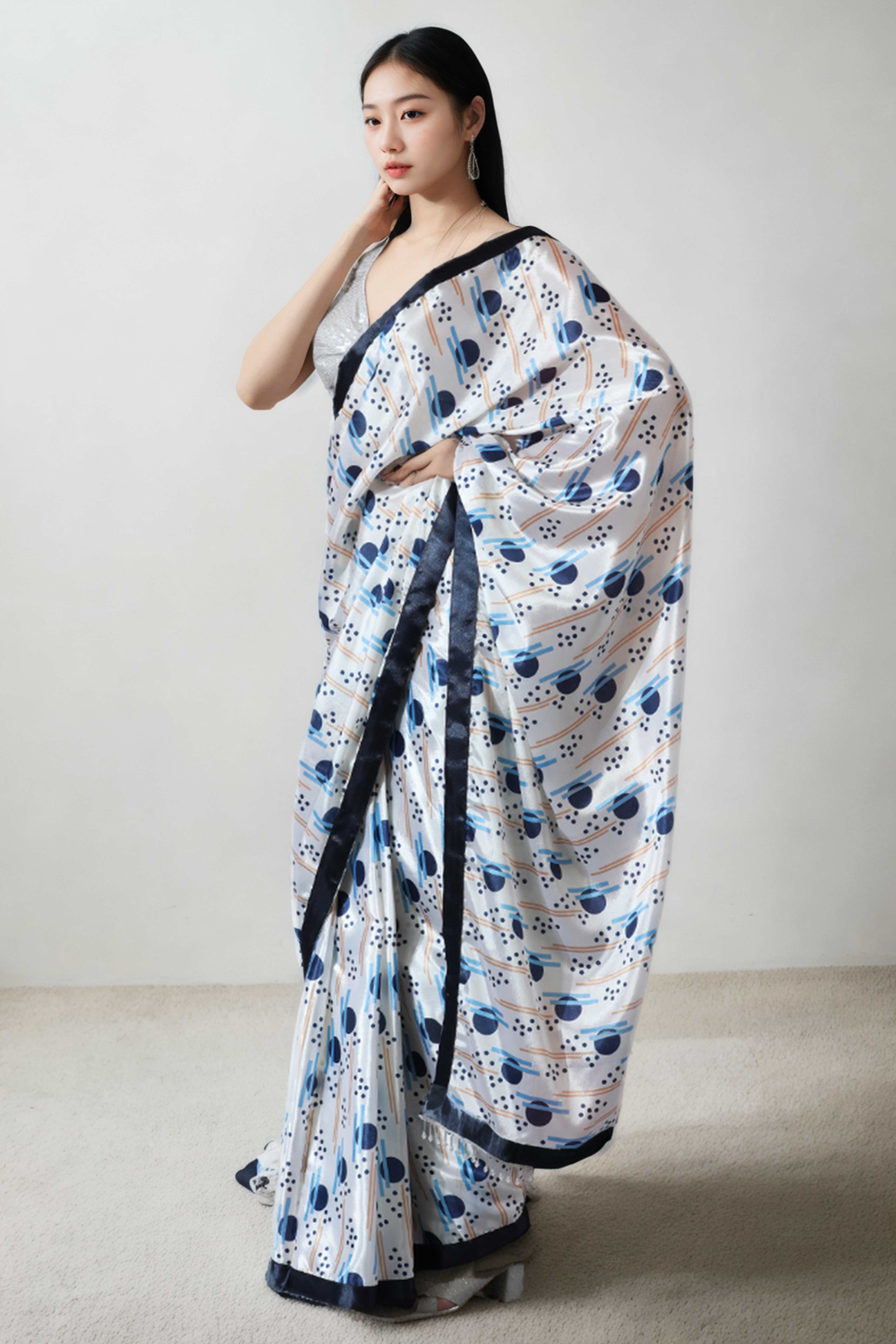 White Geometric Digital Printed With Intricate Lace Border Pallu Chinon Ready To Wear Saree