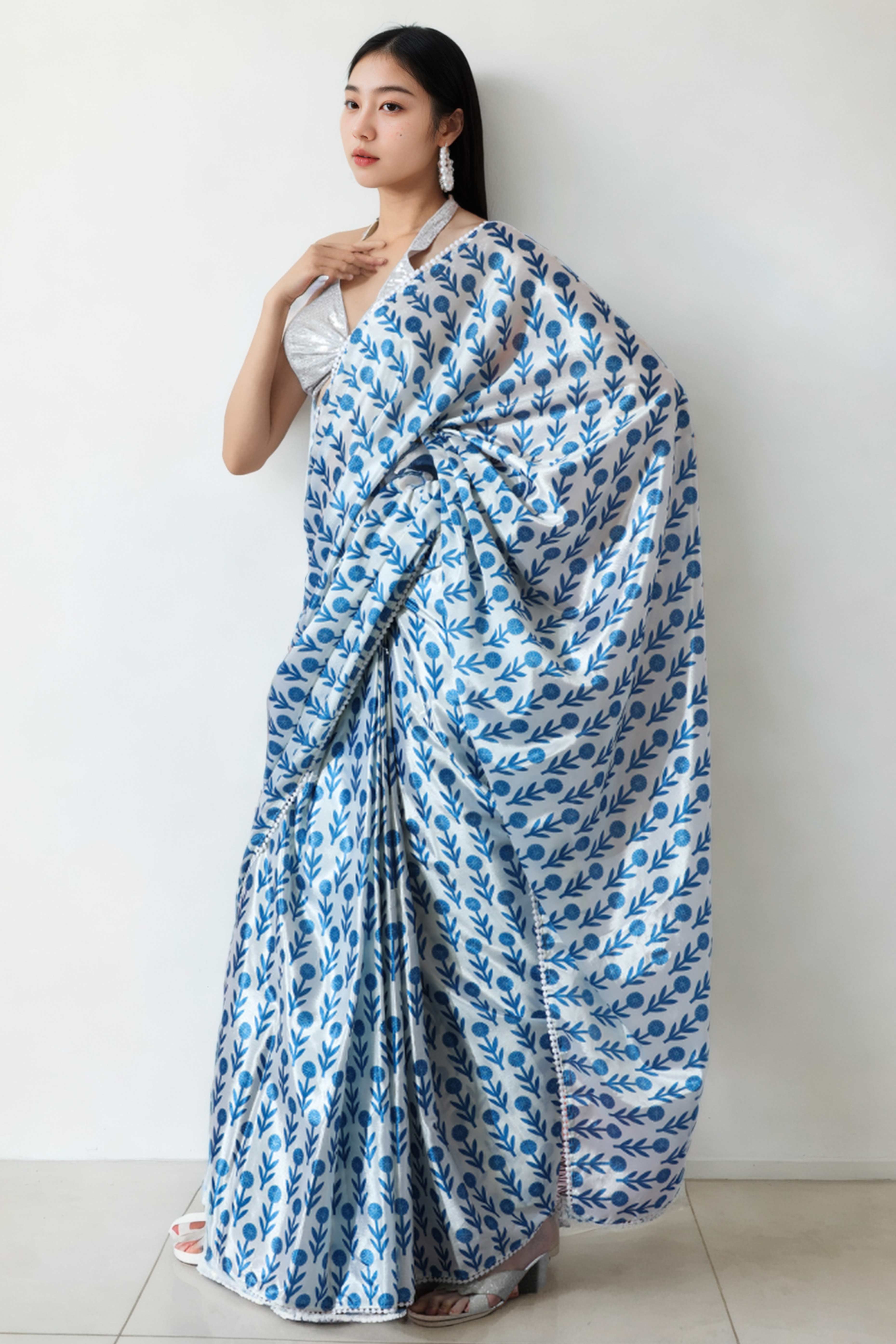 White & Blue Floral Digital Printed With Intricate Lace Border Pallu Chinon Ready To Wear Saree