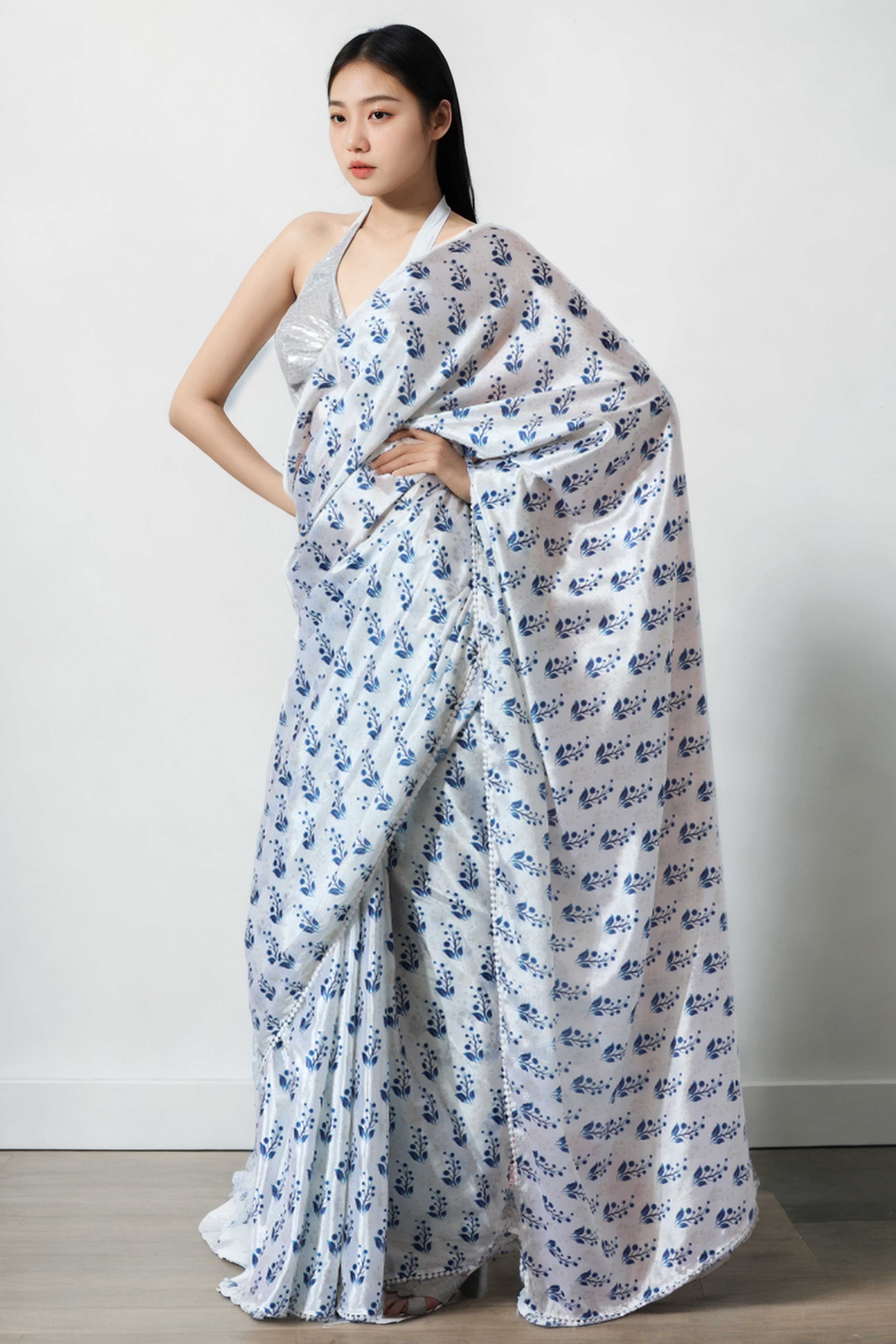 White & Blue Floral Digital Printed With Delicate Lace Border Pallu Chinon Ready To Wear Saree