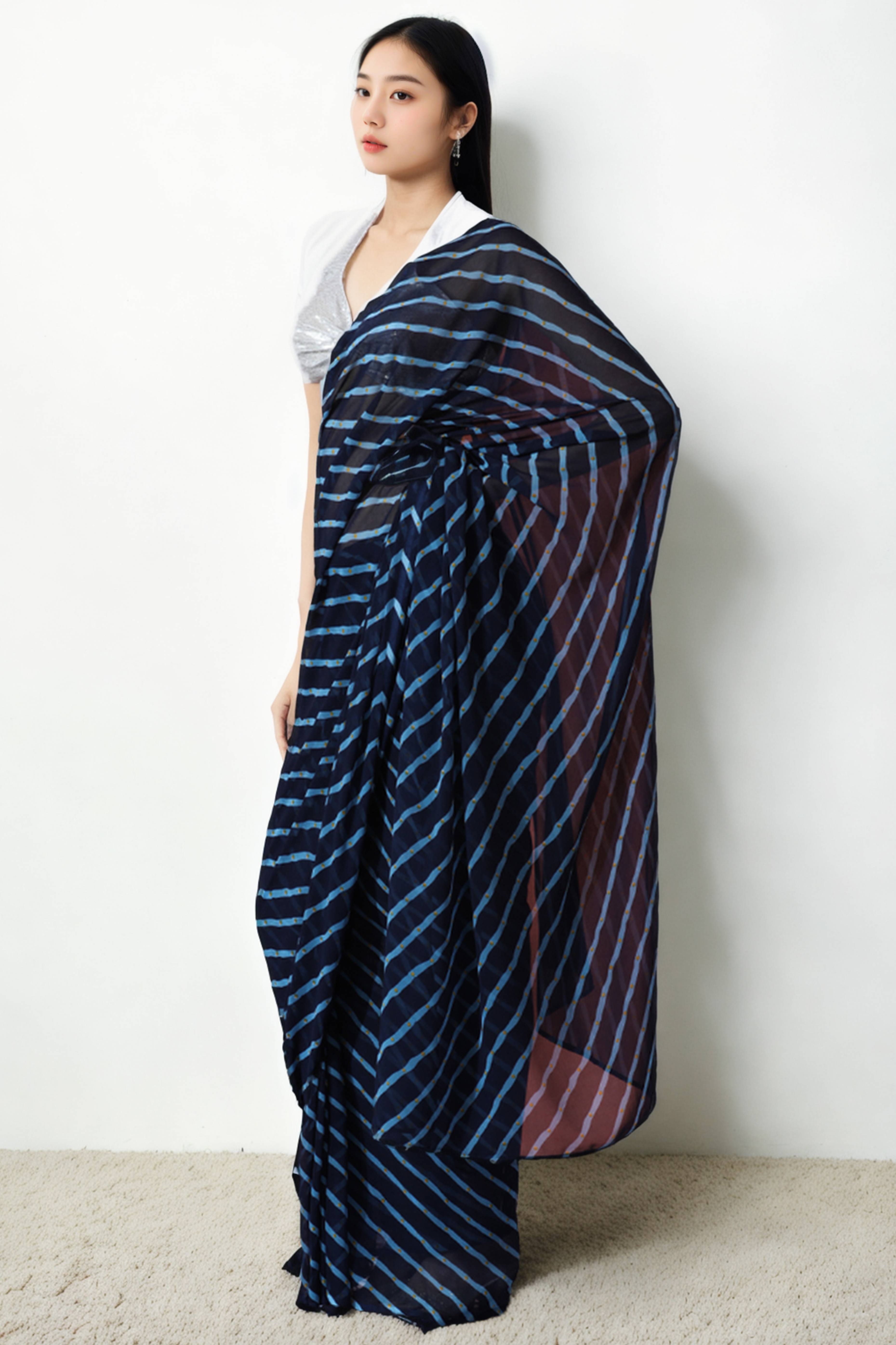 Navy Blue Striped Printed Marbel Chiffon Ready To Wear Saree